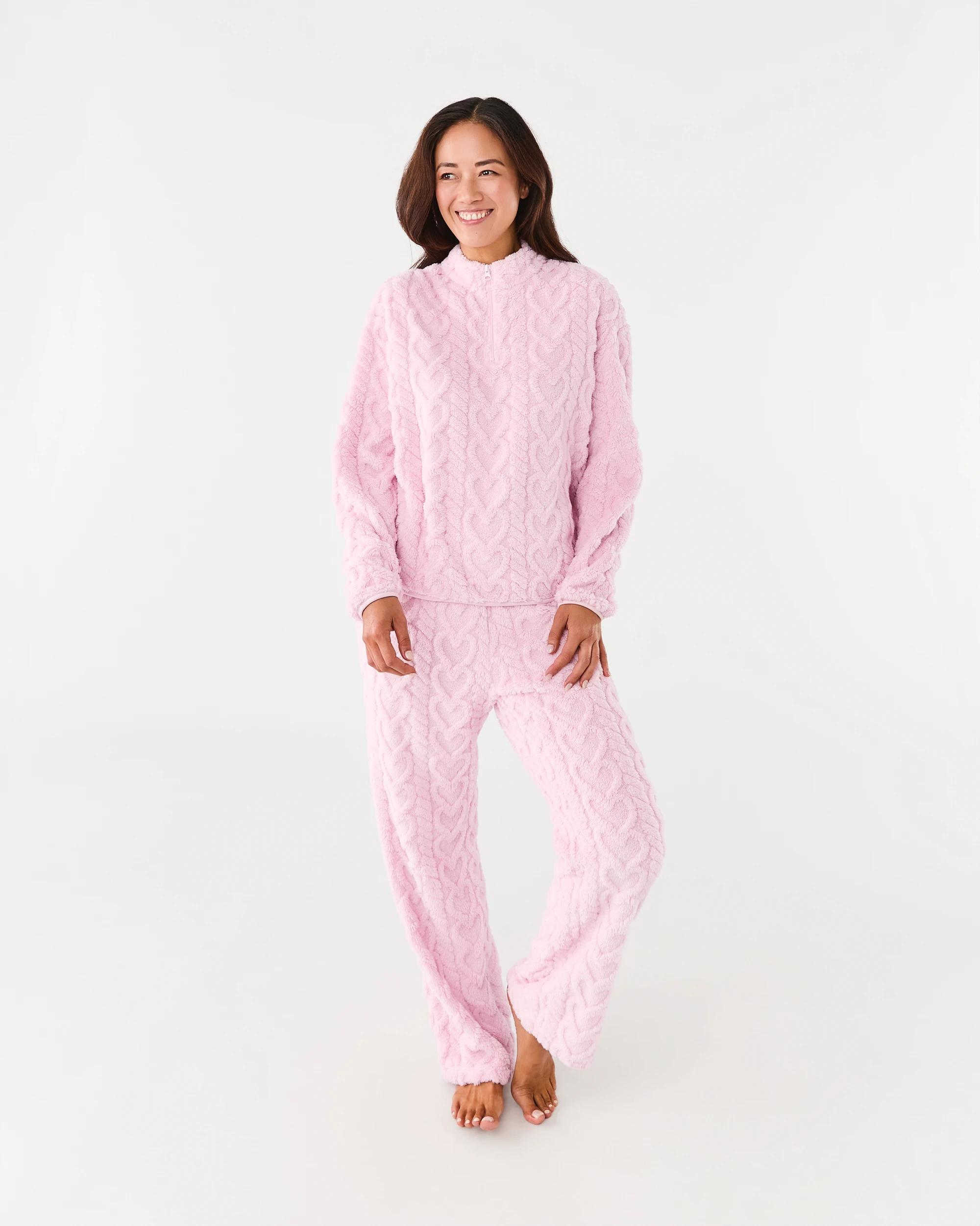 1 Quarter Zip Fleece Long Sleeve Top and Pants Pyjama Set Bllet Pink, 1 of 6