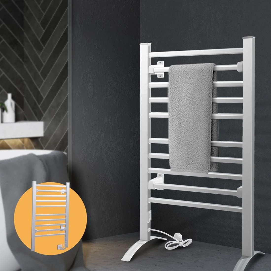 3 Devanti Electric Heated Towel Rail Rack 10 Bars Freestanding Clothes Dry Warmer - Silver, 3 of 7