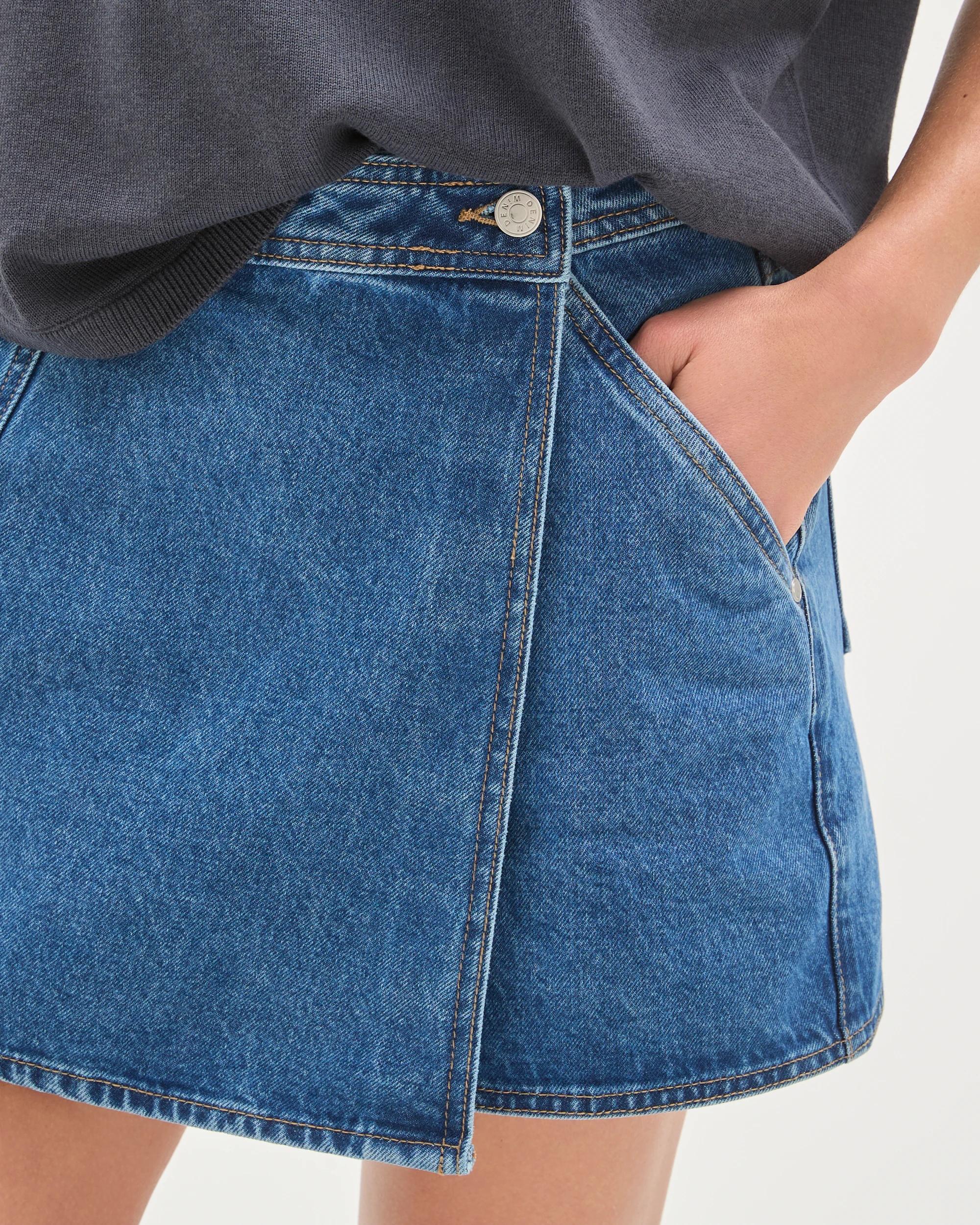 3 Target Denim Cotton Rich Wrap Front Denim Skort MID INDIGO, 3 of 7