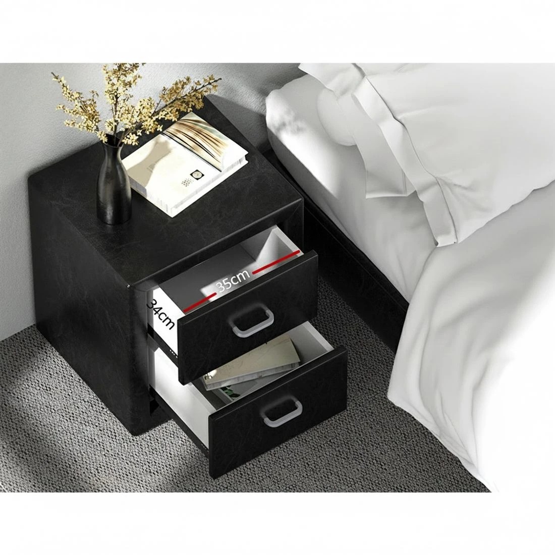 5 Artiss 2X Bedside Table 2 Drawers Side Table Leather - CADEN - Black, 5 of 8
