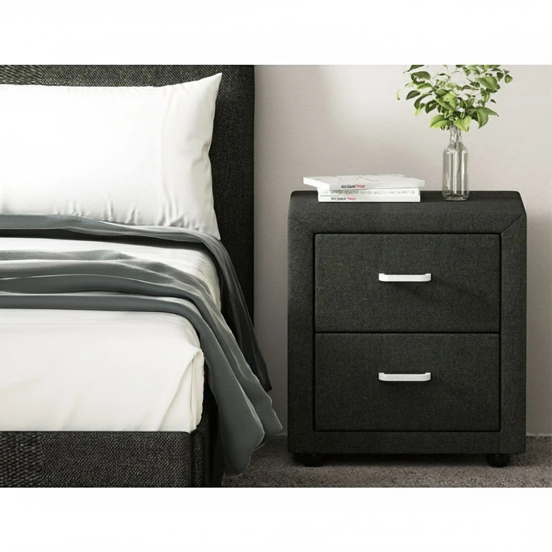 4 Artiss 2X Bedside Table 2 Drawers Fabric - CADEN Charcoal - Charcoal, 4 of 9