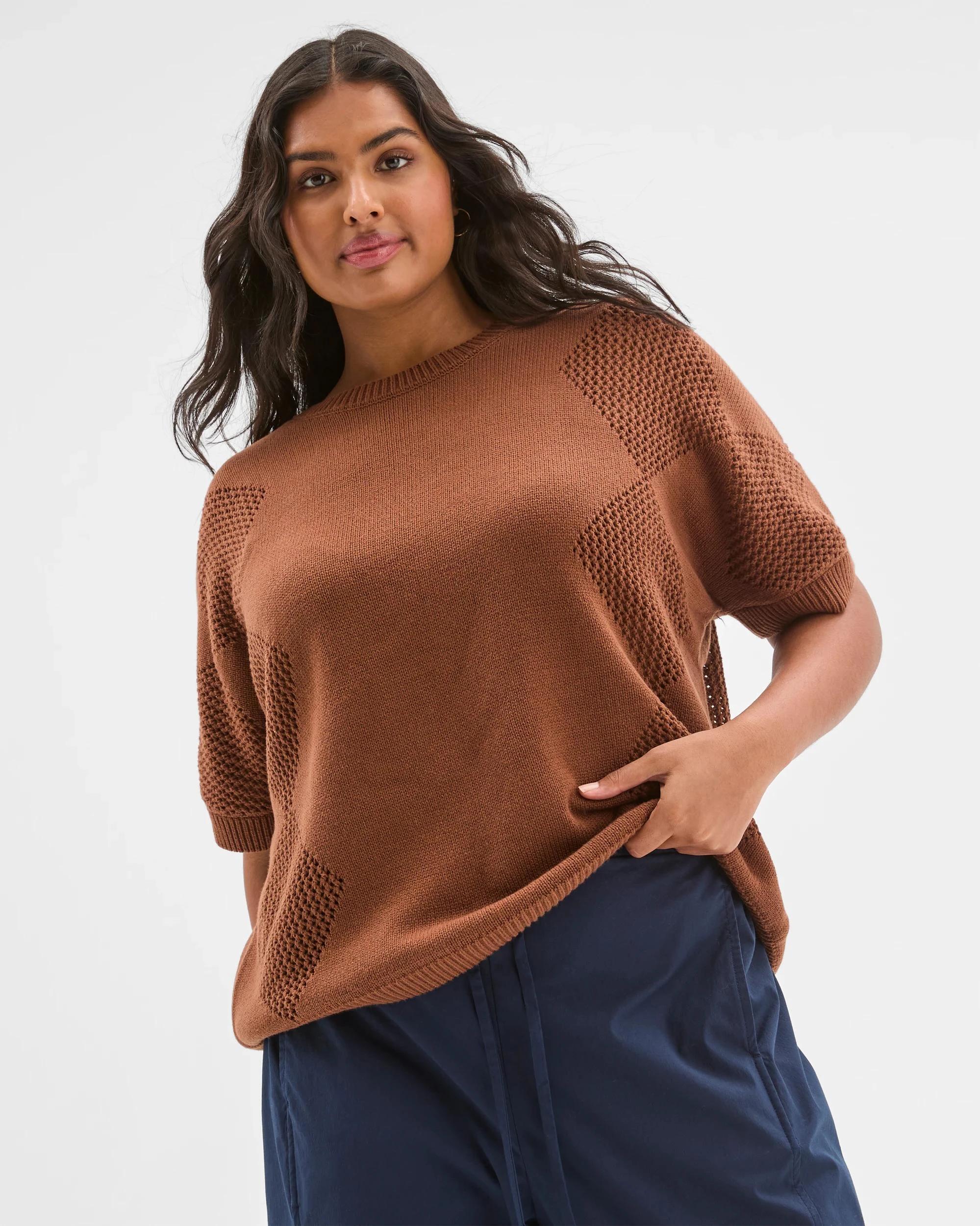 2 Target Curve Plus Size Australian Cotton Blend Relaxed Pointelle Knit Top PARTRIDGE, 2 of 5