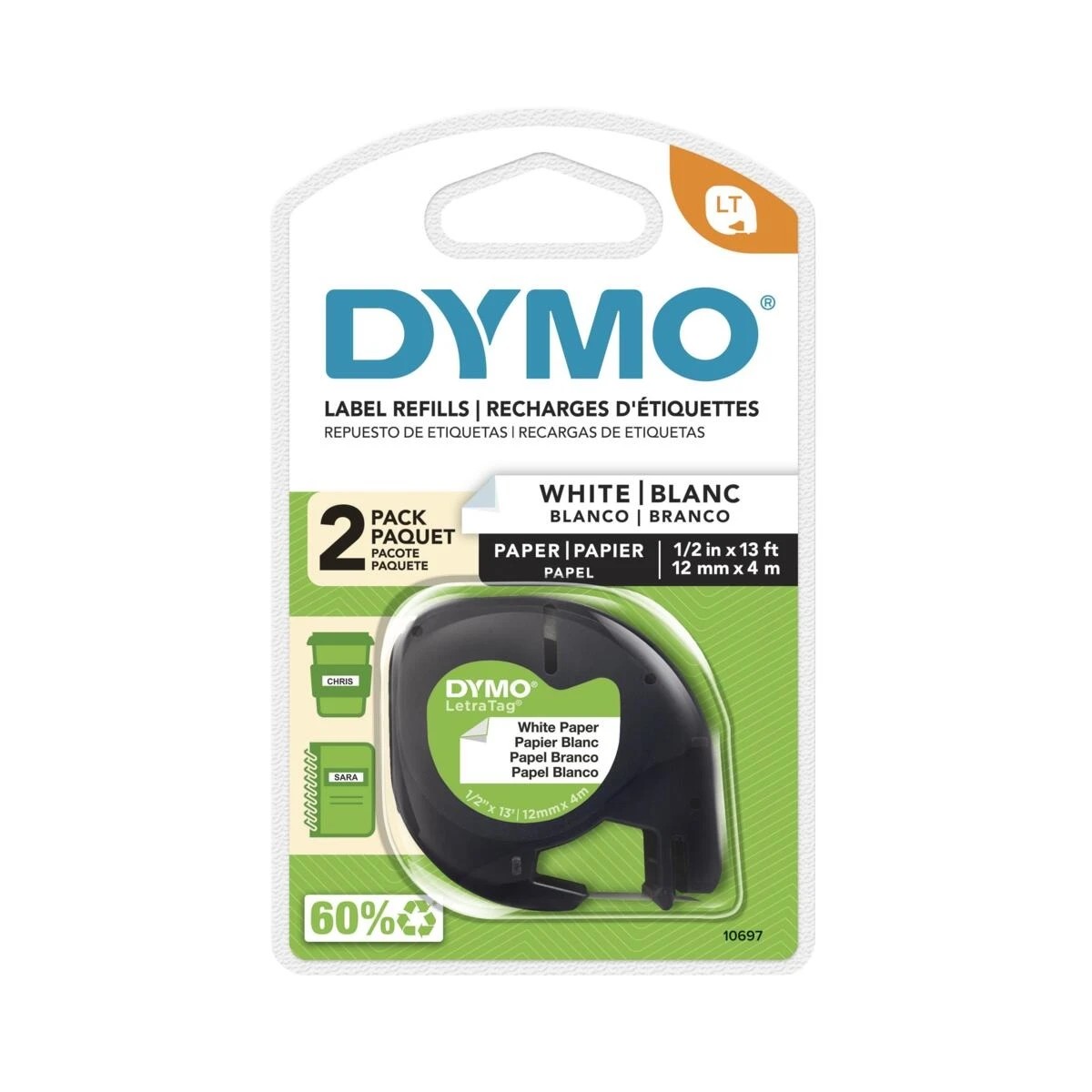 1 Dymo 2 Pack LetraTag Labeller Paper Tape - 12mm x 4M - Multi, 1 of 3