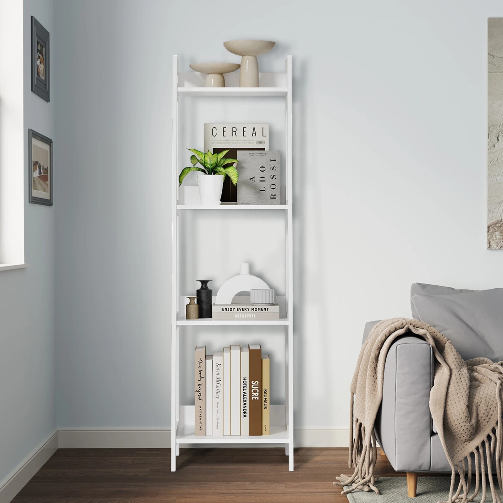 3 Oikiture Bookshelf 4 Tier Corner Ladder Shelf Home Storage Display Rack
 - White, 3 of 9