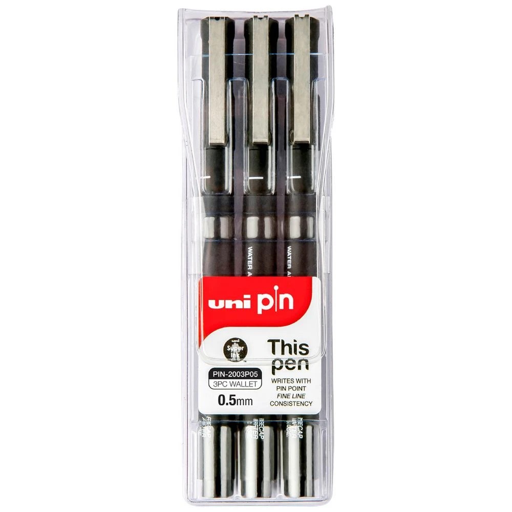 1 Uni Pin Fineliners 0.5mm Black 3 Pack, 1 of 2