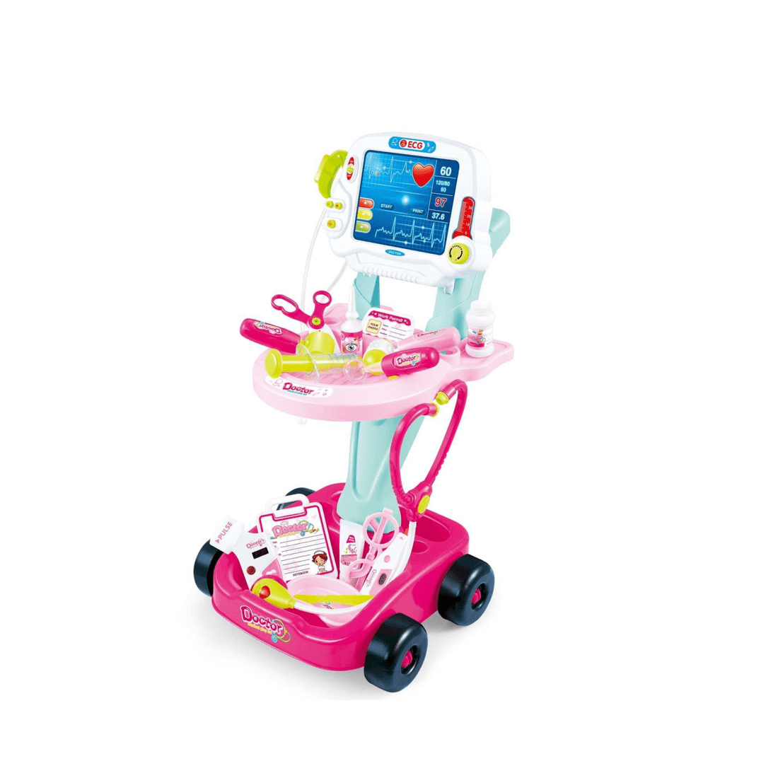 3 Lenoxx Medical Cart With Lights Sounds 17 Accessories Portable Kids Toy 58cm - Pink, 3 of 4