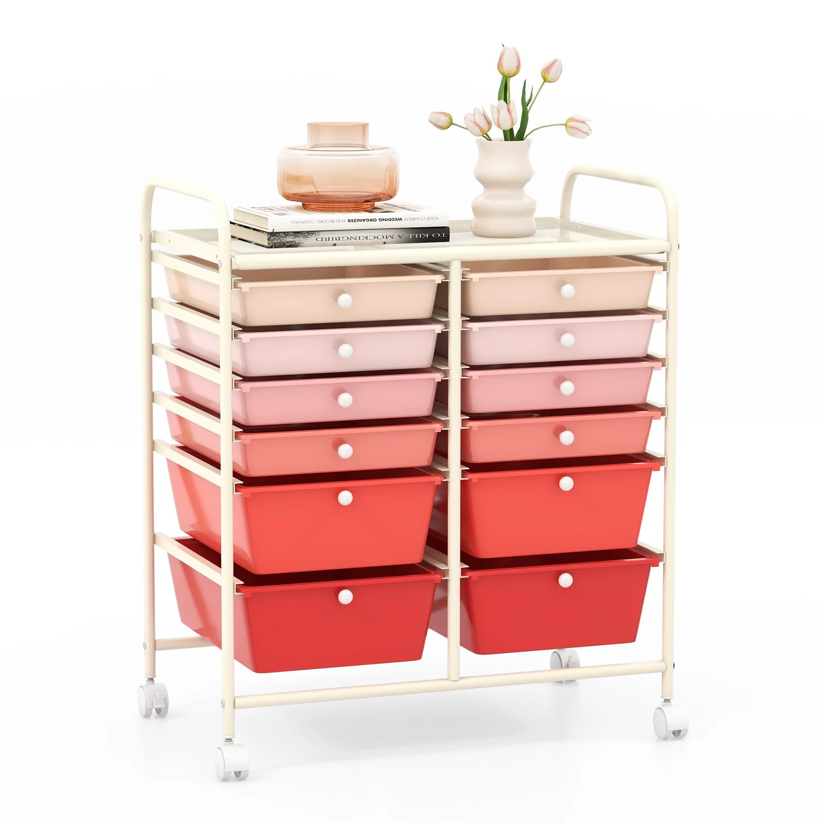 5 Costway 12 Drawers Rolling Storage Trolley Cart Filing Organizer - Pink, 5 of 5
