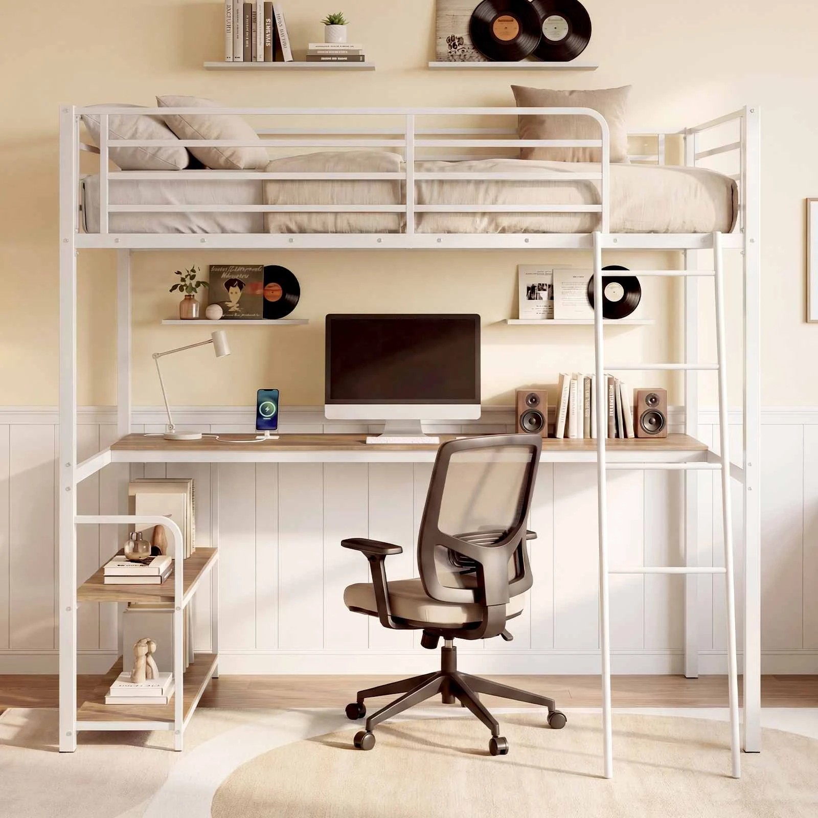 4 Costway Single Loft Bed Frame 2-in-1 Metal Bunk Bed w/Desk & Charging Station - White, 4 of 5