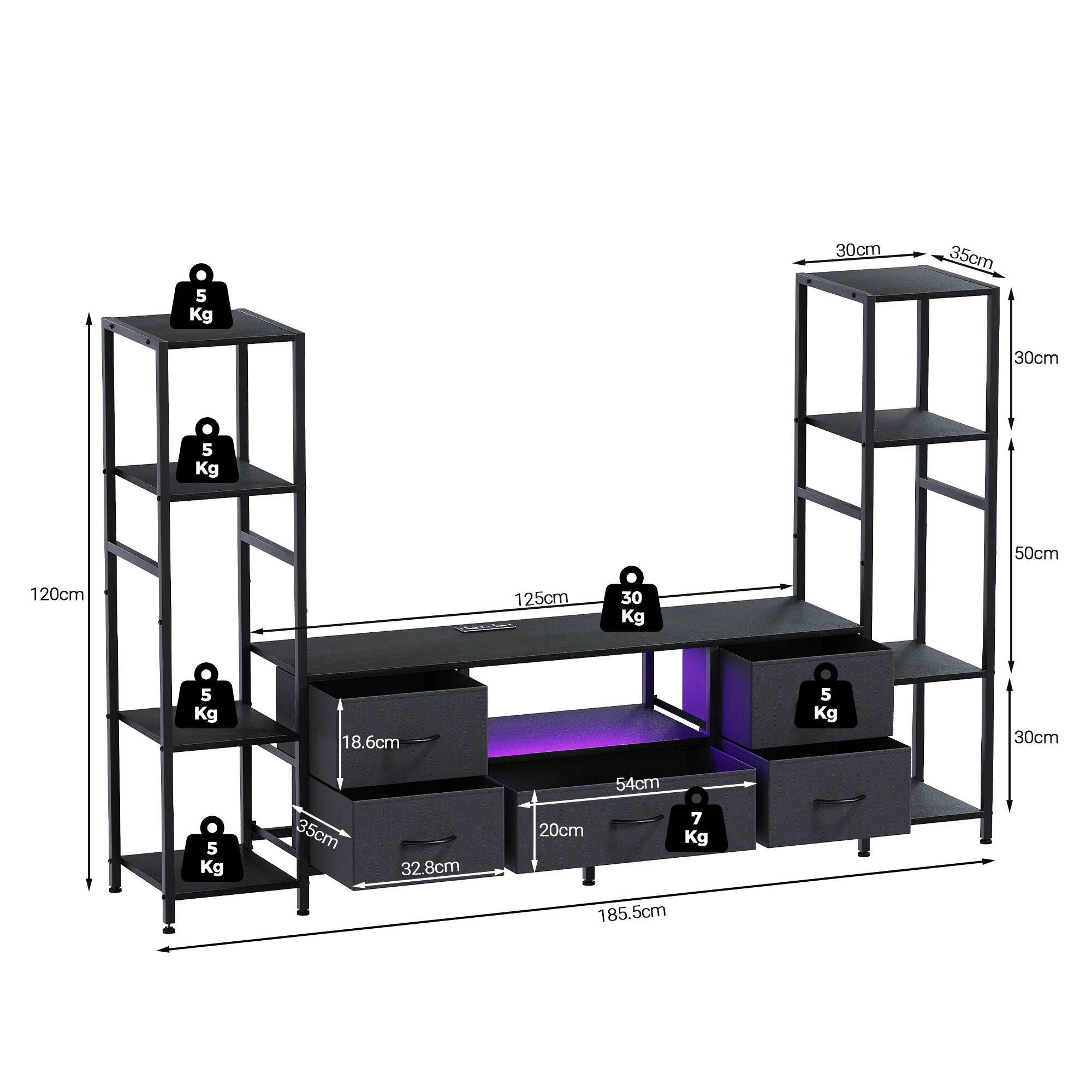 2 Advwin 185cm TV Stand with Bookshelf Power Outlet & LED Lights for 32-55 inch TV - Black, 2 of 7