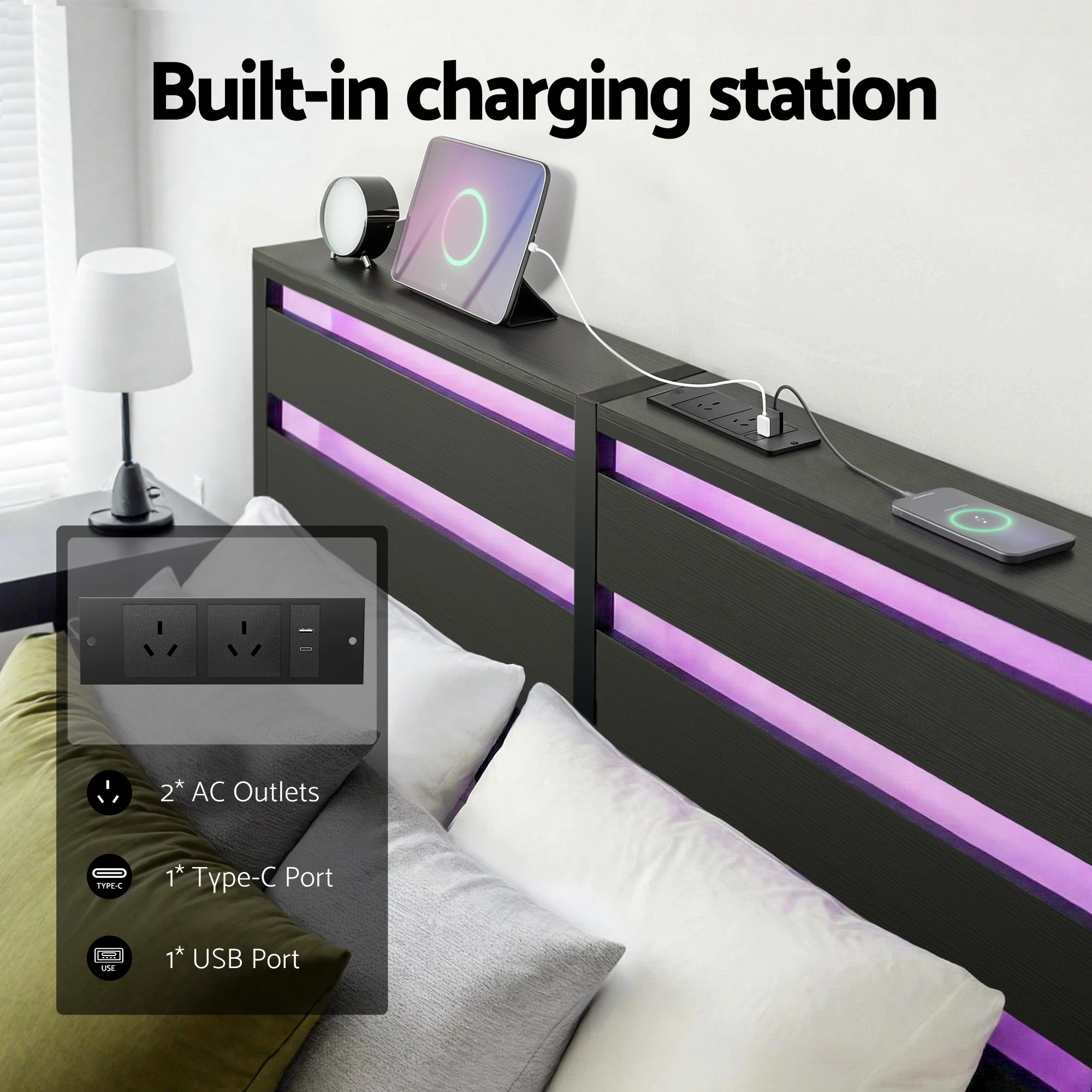 3 Artiss Bed Frame Double Size LED Metal Bed Base with Charging Station - Black, 3 of 6