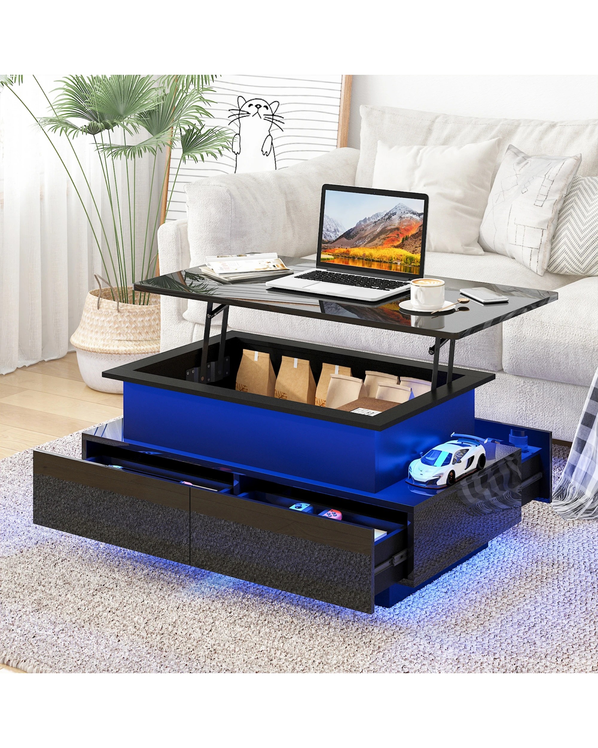 2 Advwin Lift Top Coffee Table w/ LED Lights Hidden Compartment & 4 Drawers High Gloss Central Table w/ Lift Tabletop, 2 of 9