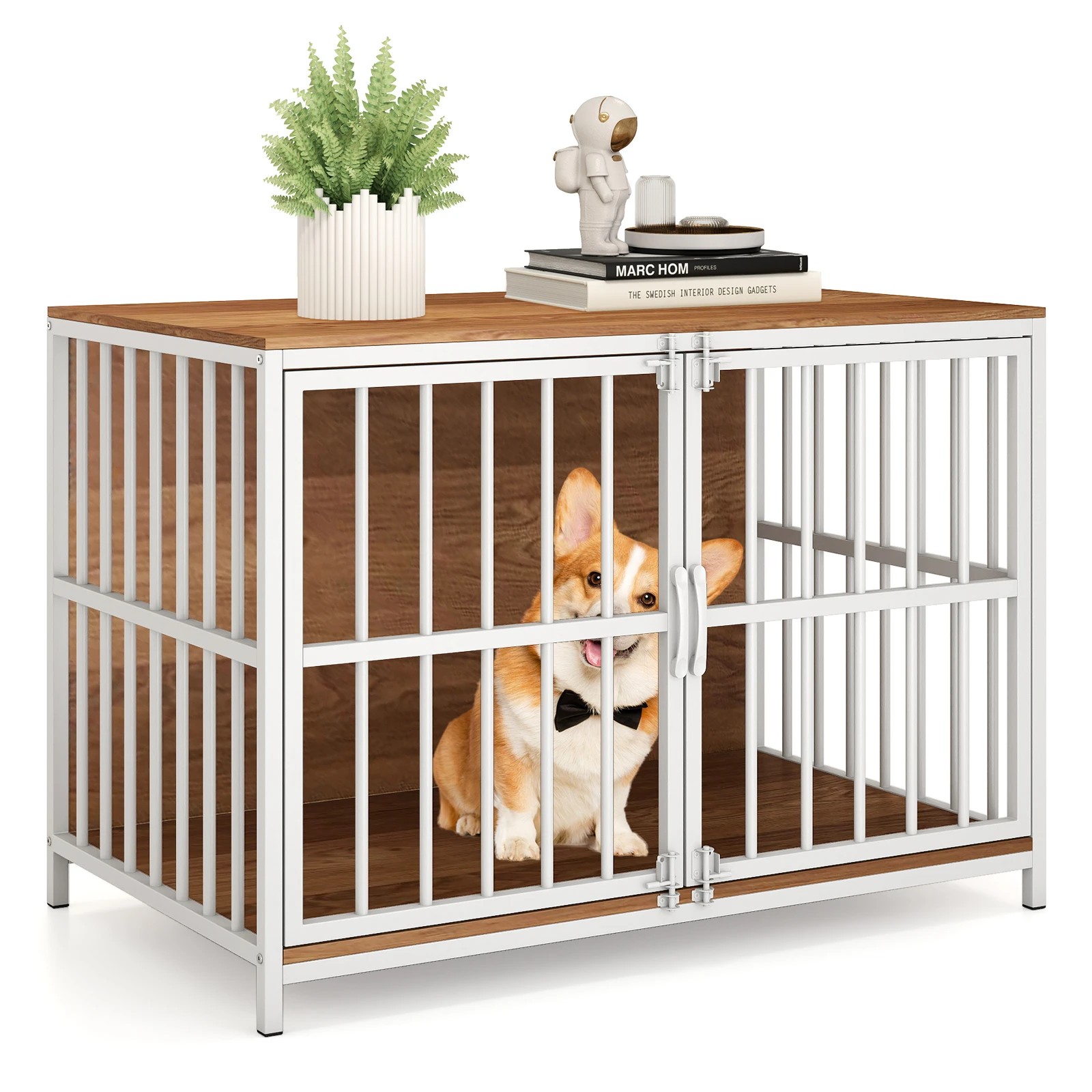 6 Costway Metal Dog Crate Furniture 100cm Pet Kennel Cage Side Table - Natural, 6 of 6