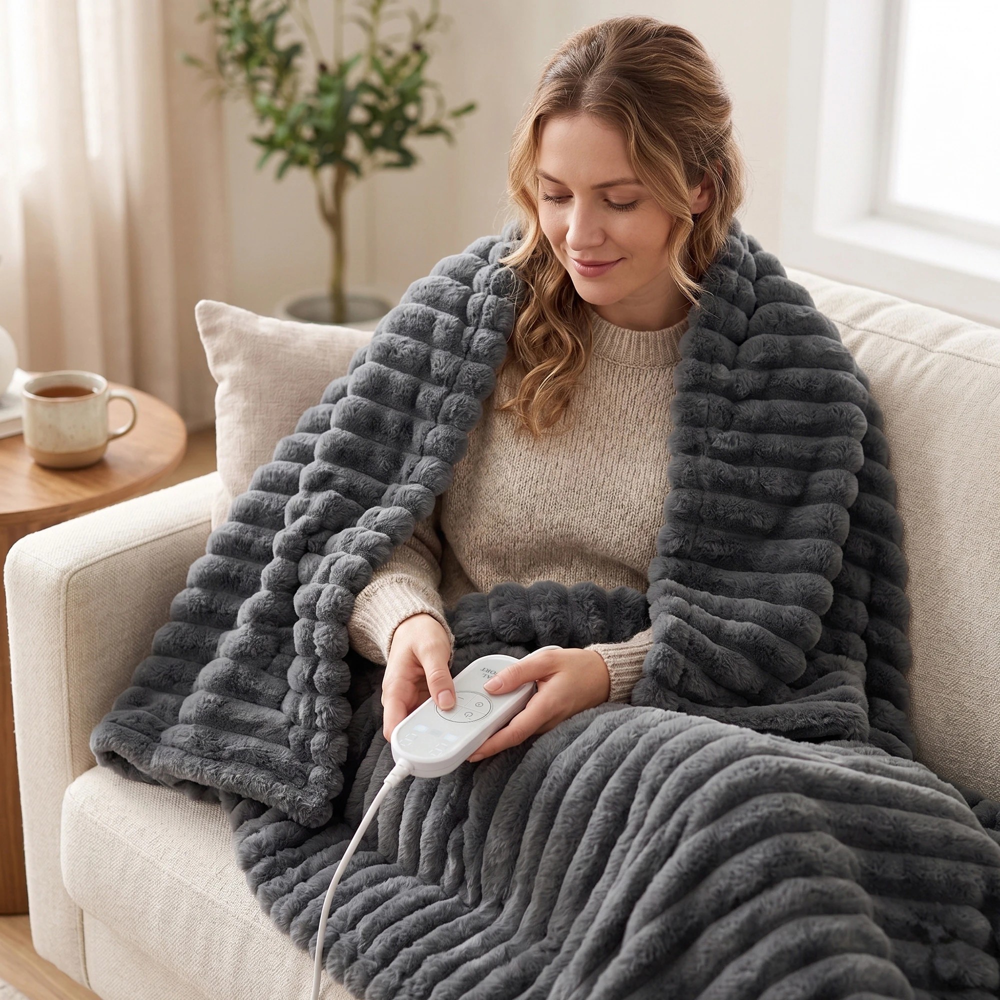 2 Royal Comfort Thermolux Heated Stripe Faux Fleece Throw - Grey, 2 of 7
