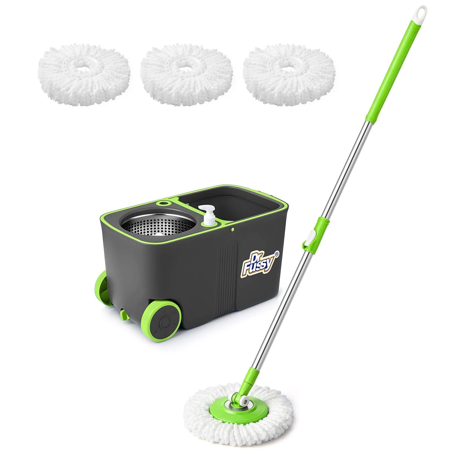 Dr Fussy 11L Spin Mop and Bucket with Wheels, 4 Microfibre Heads 360 ...