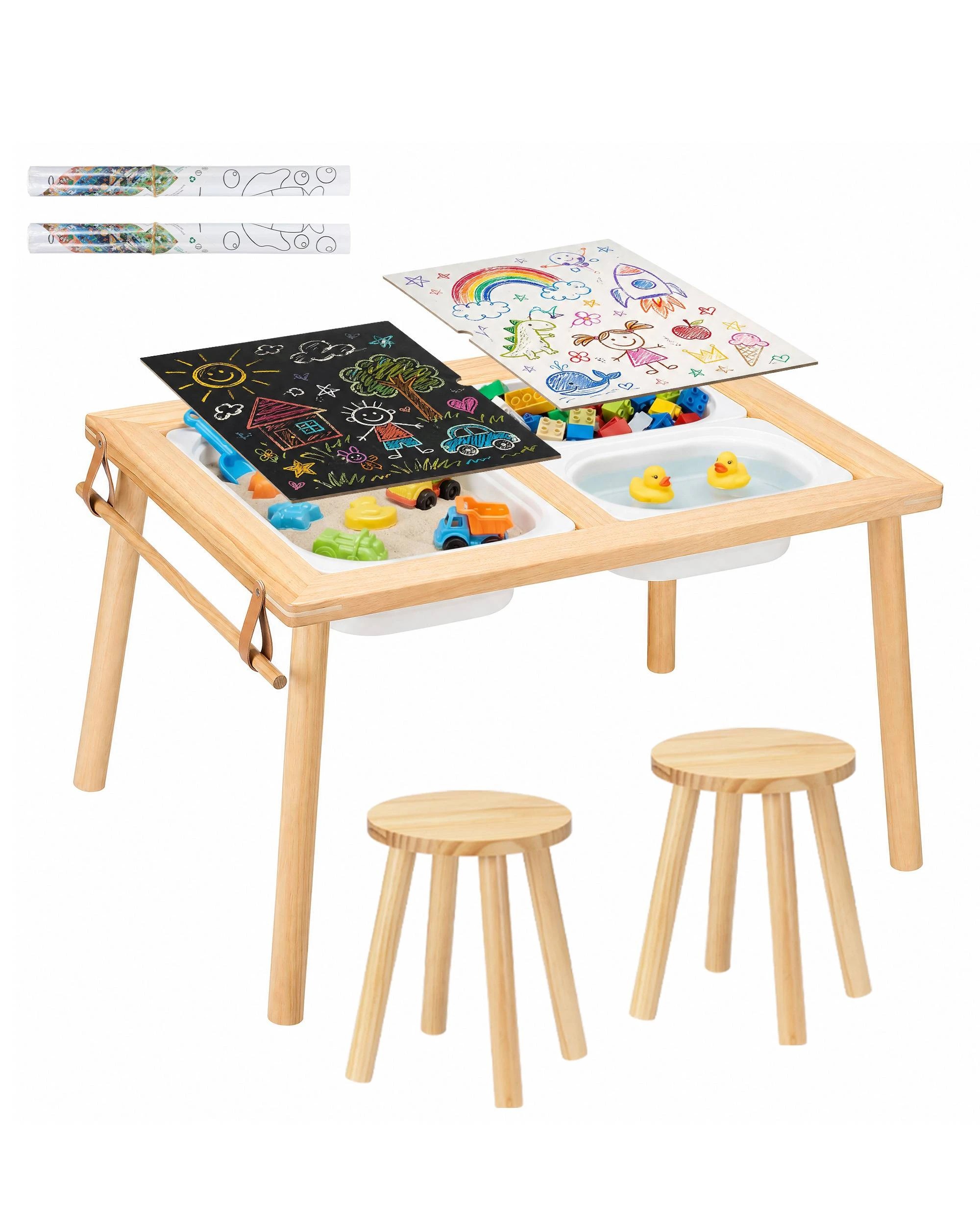 1 PlayPals Toddler Activity Table Wooden Sensory Table Set w/ Utility Rail, 1 of 9