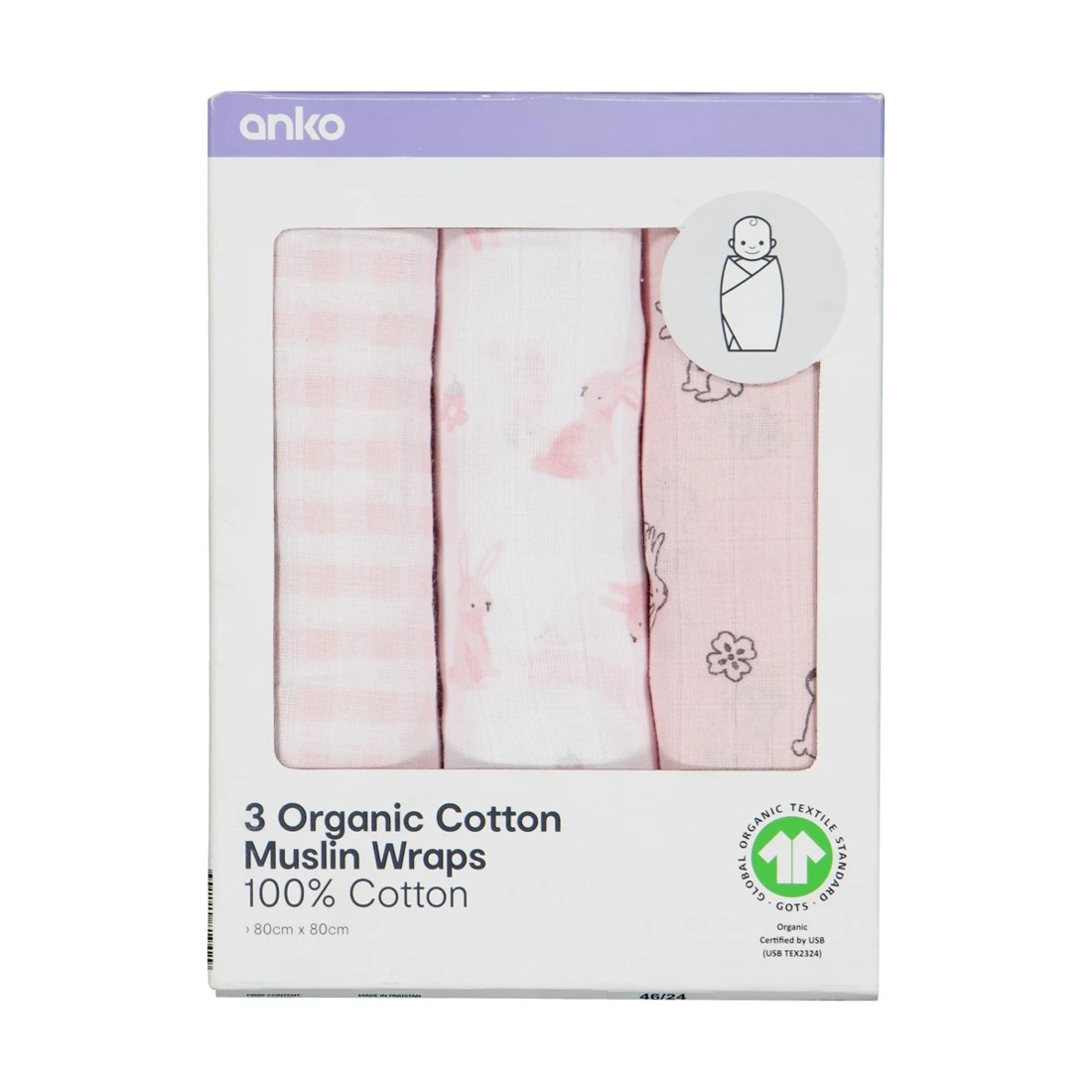 3 3 Pack Organic Cotton Muslin Wraps - Bunny, 3 of 6