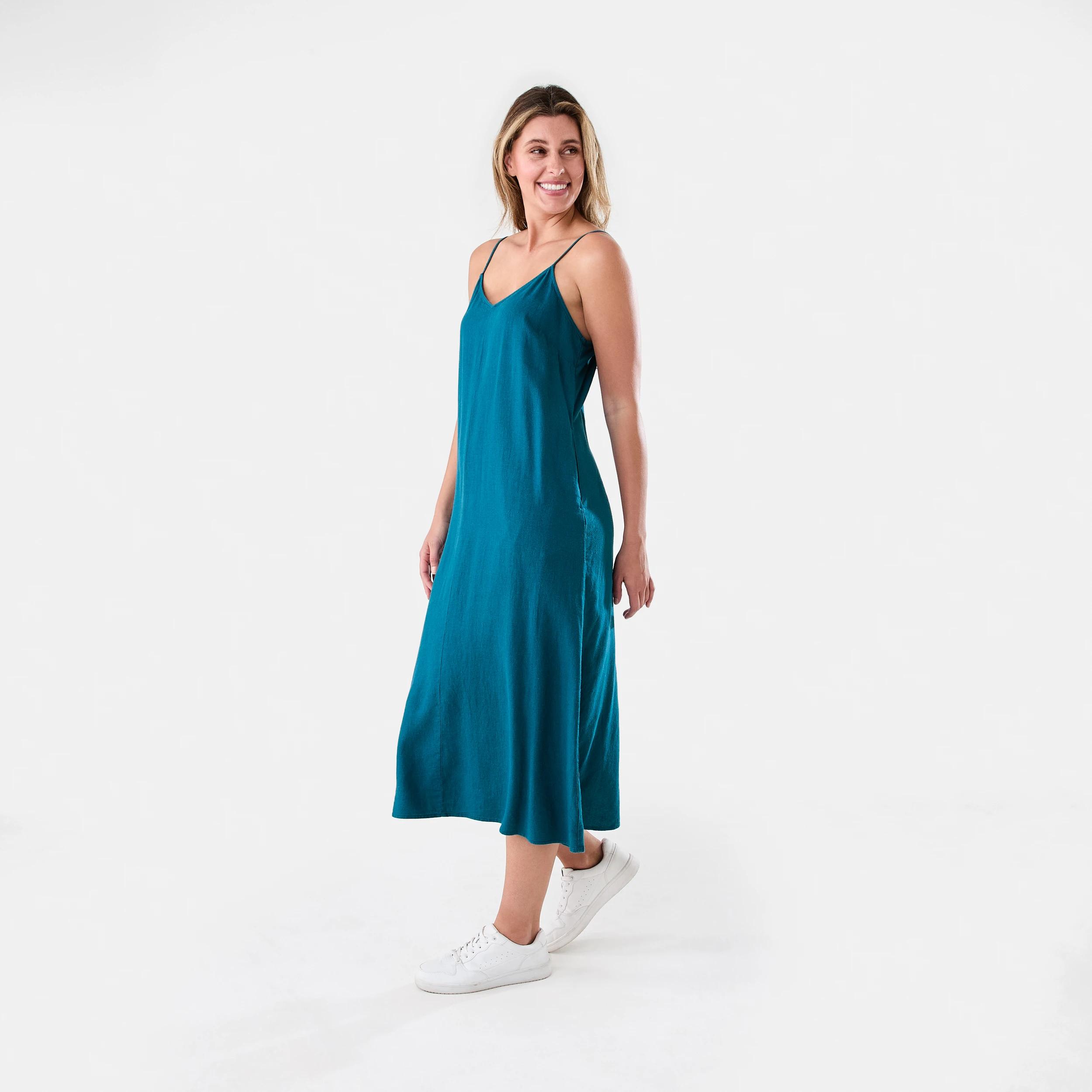 2 Sleeveless V-Neck Linen Blend Midi Dress Teal Coral, 2 of 6