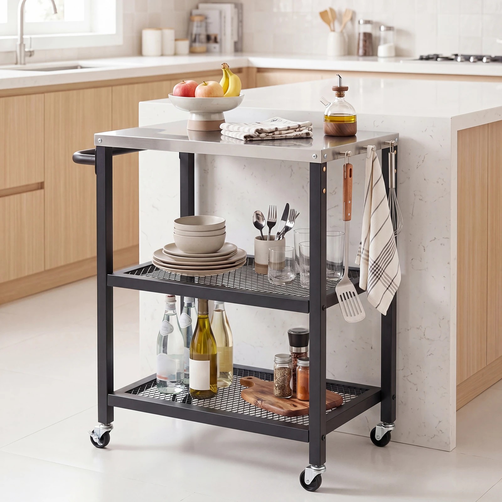 3 Costway 3-Tier Dining Cart Table Kitchen Serving Cart Mobile Food Prep Trolley - Black, 3 of 4
