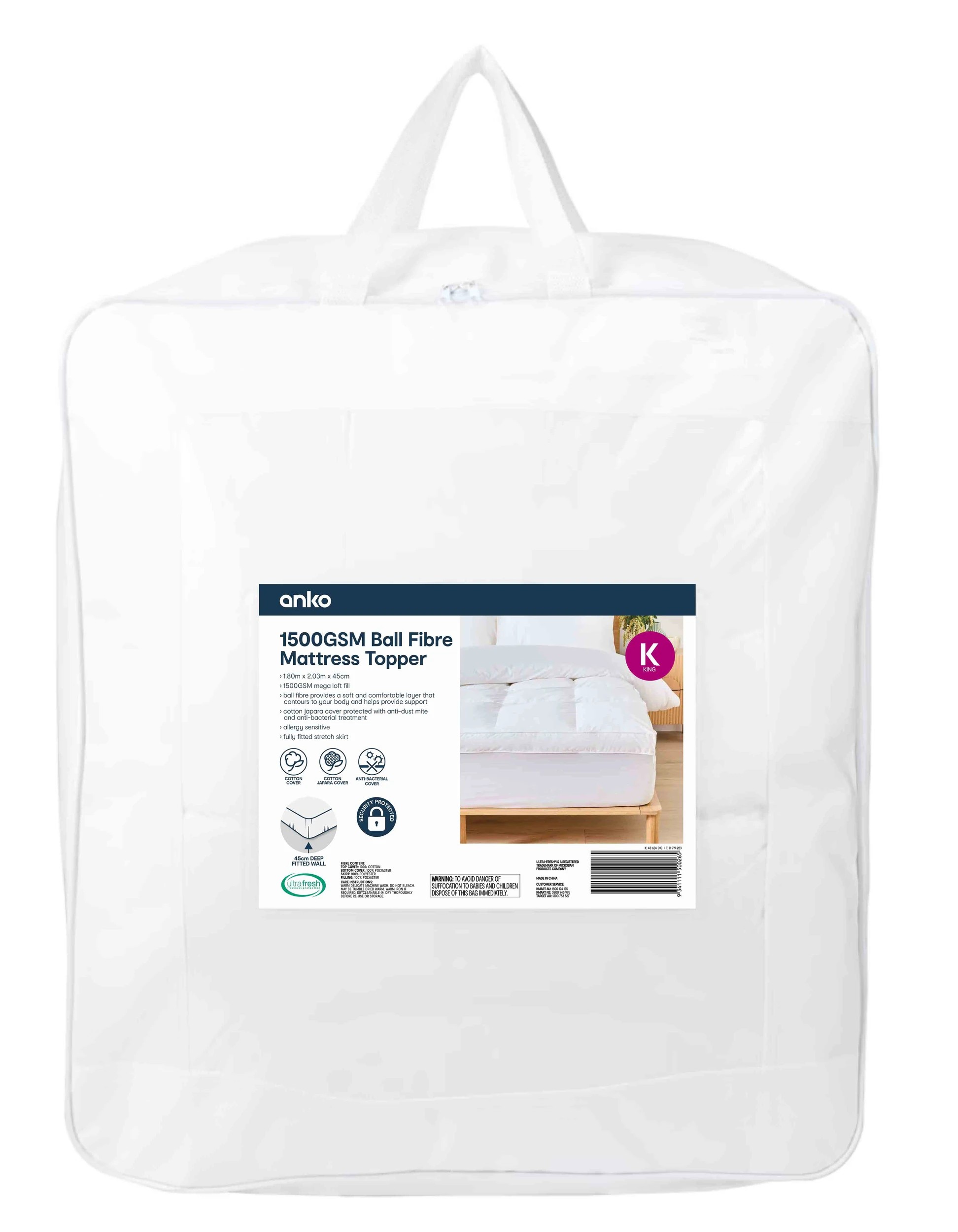 1 1500GSM Ball Fibre Mattress Topper - Queen Bed, White, 1 of 6