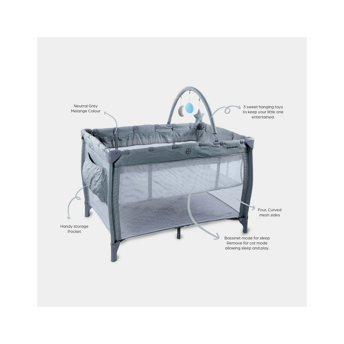 2 Babystudio 3in1 Portacot Play Yard Toy Bar & Mattress - Grey, 2 of 4