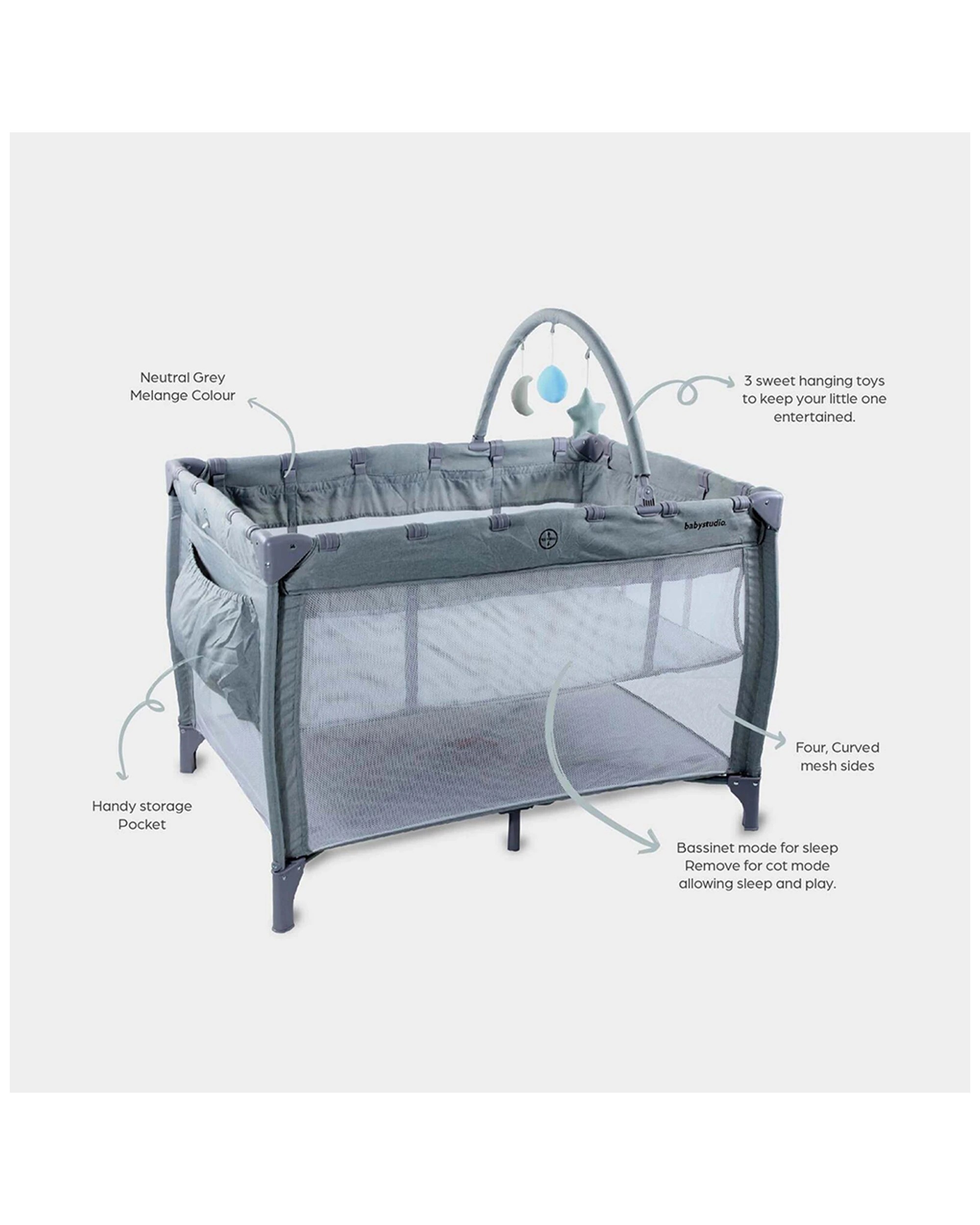 2 Babystudio 3in1 Portacot Play Yard Toy Bar & Mattress - Grey, 2 of 4