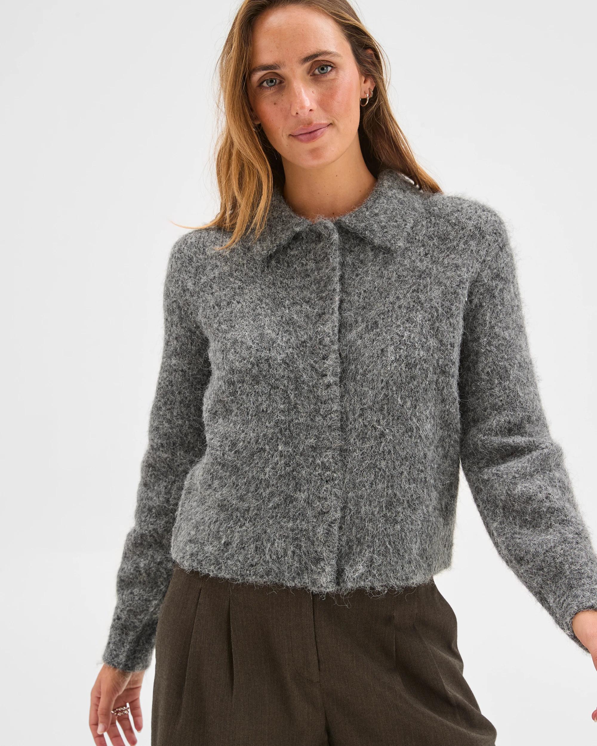 3 Preview Plush Button Through Collared Cardigan CHARCOAL MARLE, 3 of 6