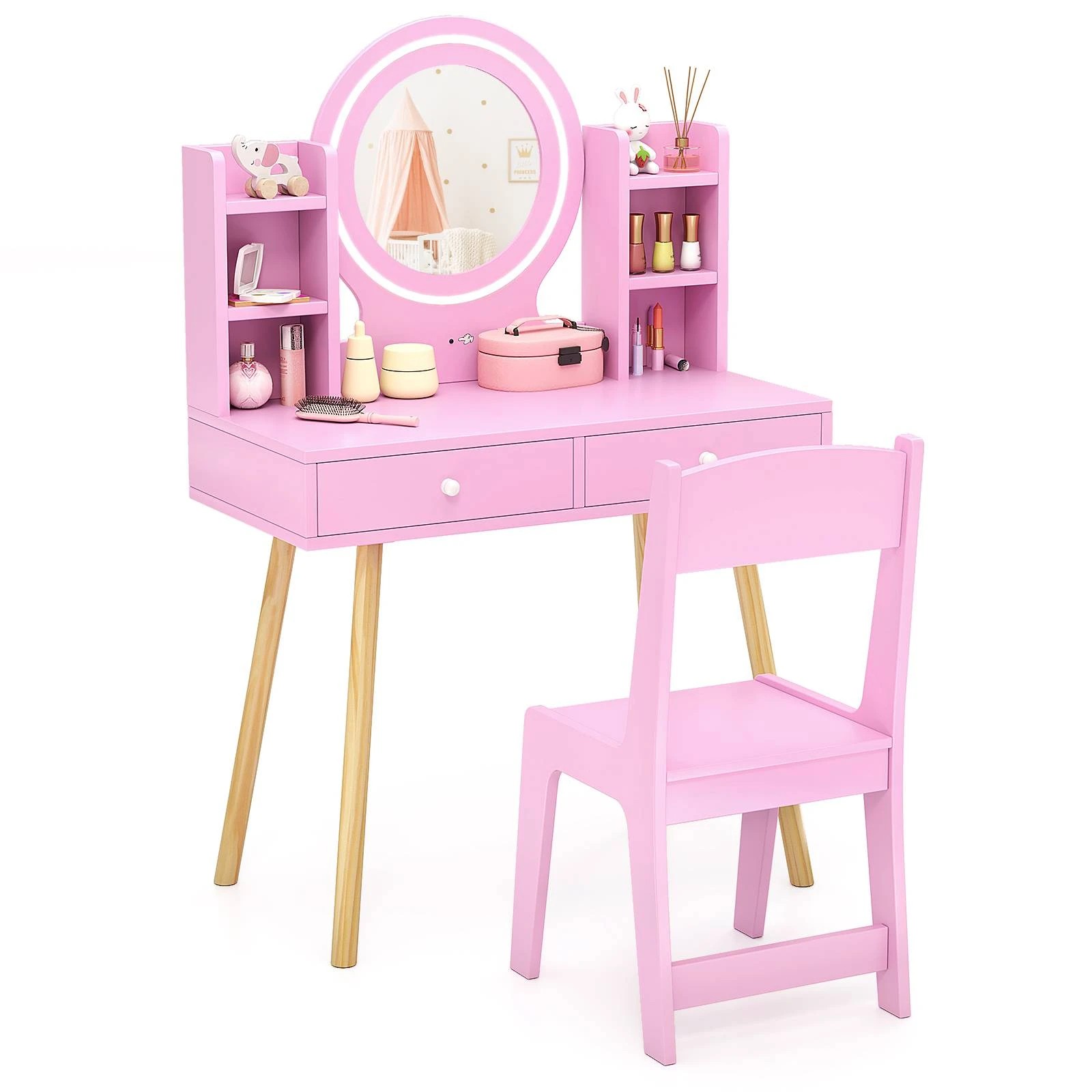 1 Costway Kids Vanity Dressing Table & Chair Set Pink, 1 of 4