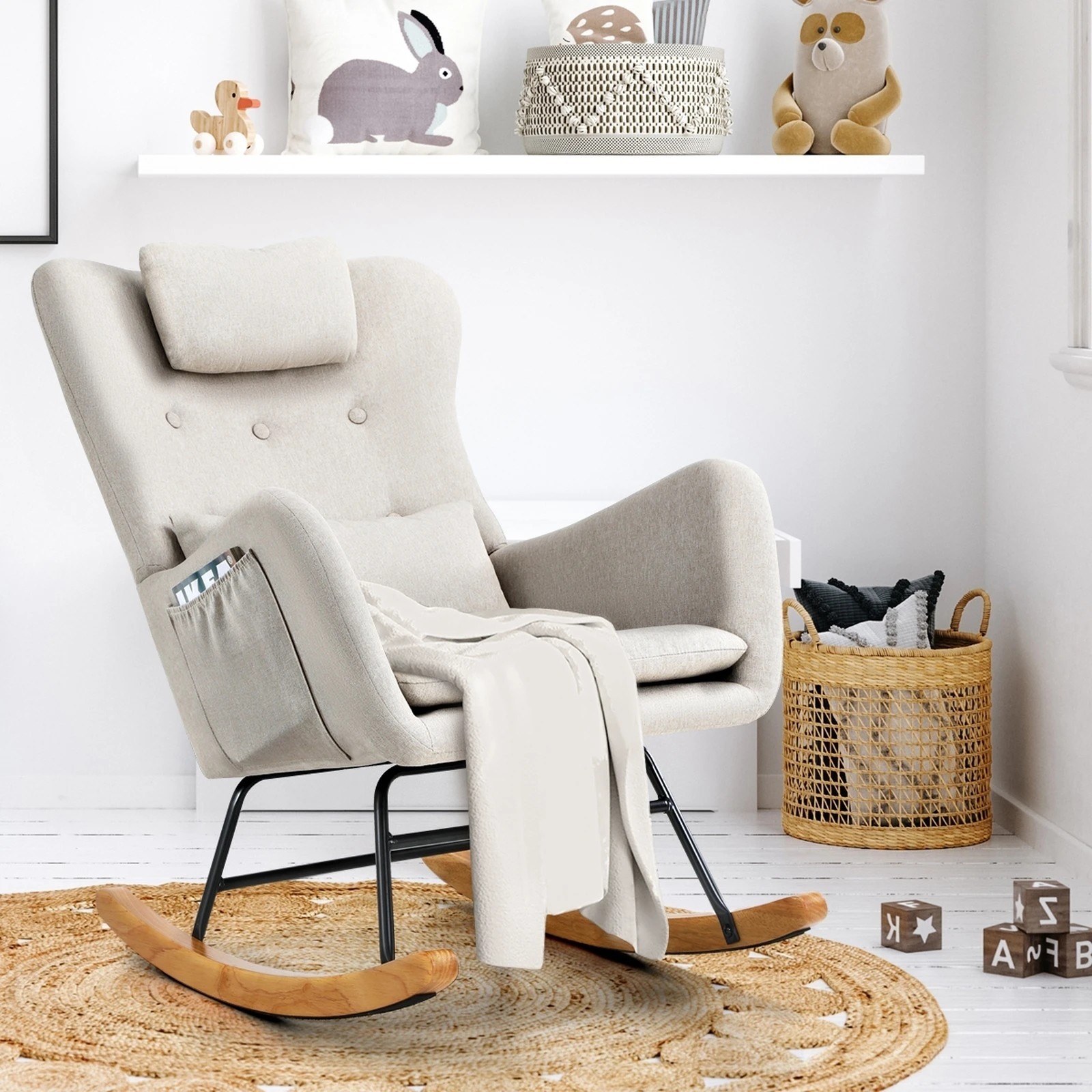 4 Oikiture 2x Rocking Chair Nursing Armchair Linen Chairs With 2 Pillow - Beige, 4 of 10