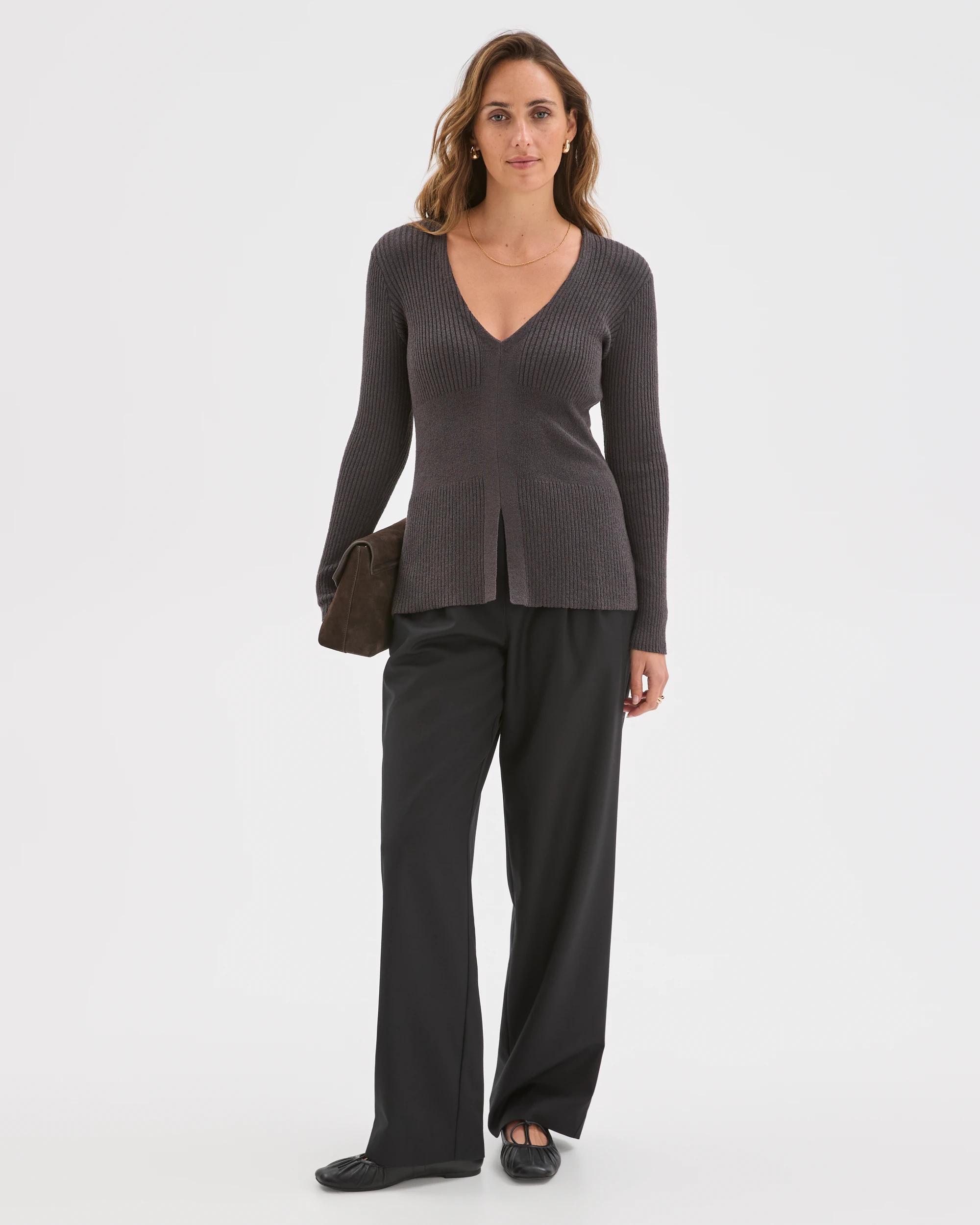 2 Preview Long Sleeve V-Neck Boucle Knit Top CINDER, 2 of 7