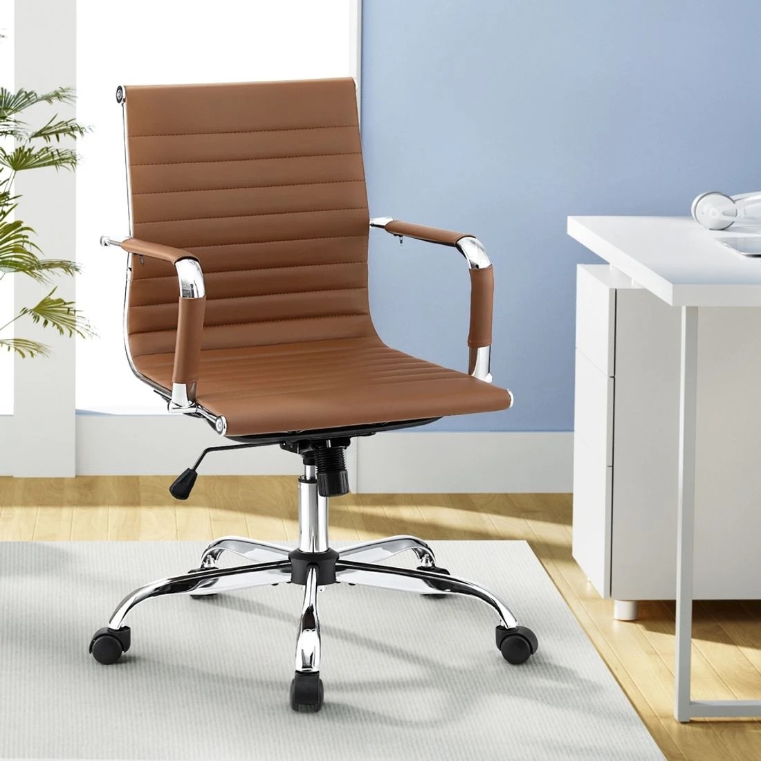 3 Artiss Office Chair Conference Chairs PU Leather Mid Back - Brown, 3 of 6
