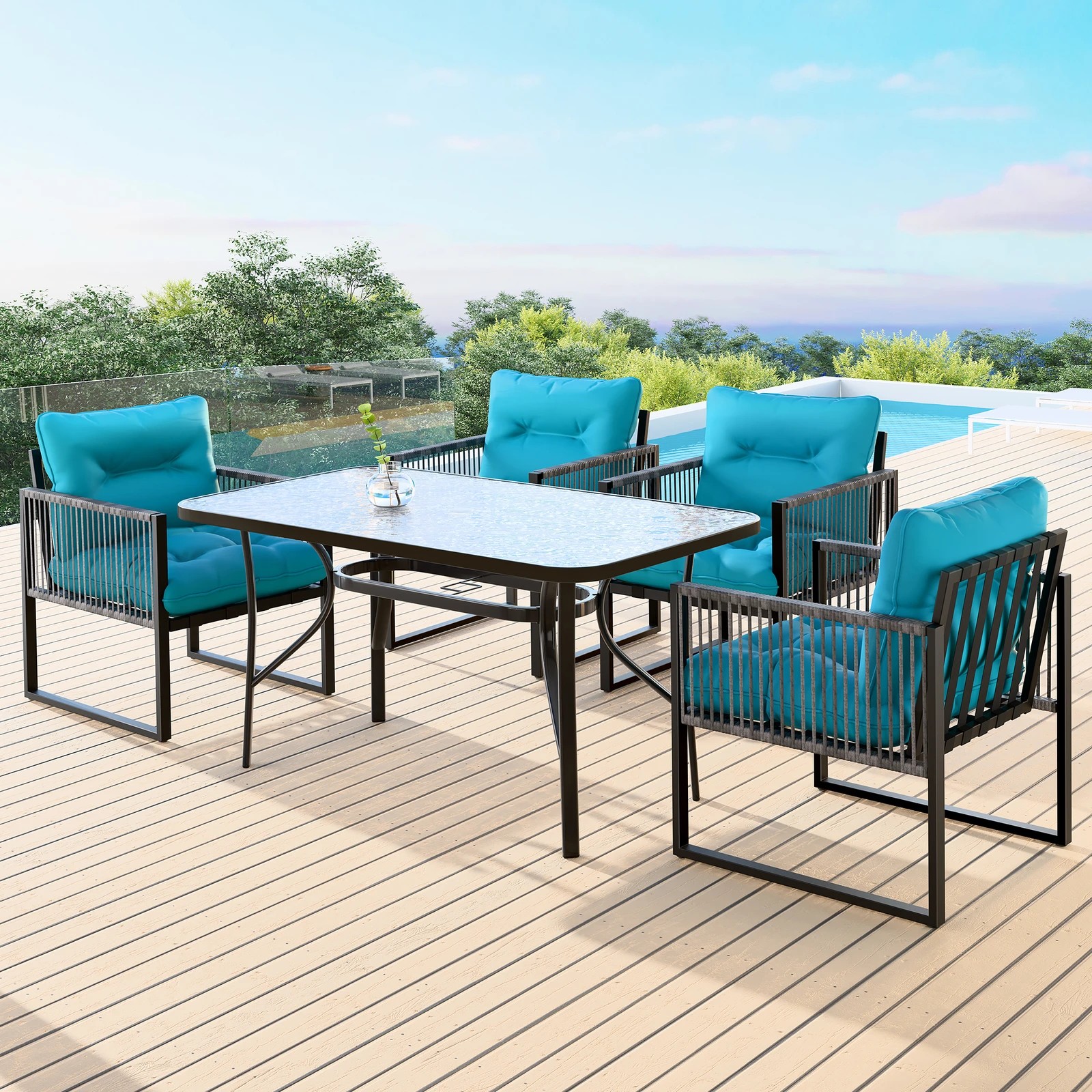 2 Alfordson 5PCS Outdoor Patio Furniture Dining Set Table Chairs Wicker Lounge - Blue, 2 of 10
