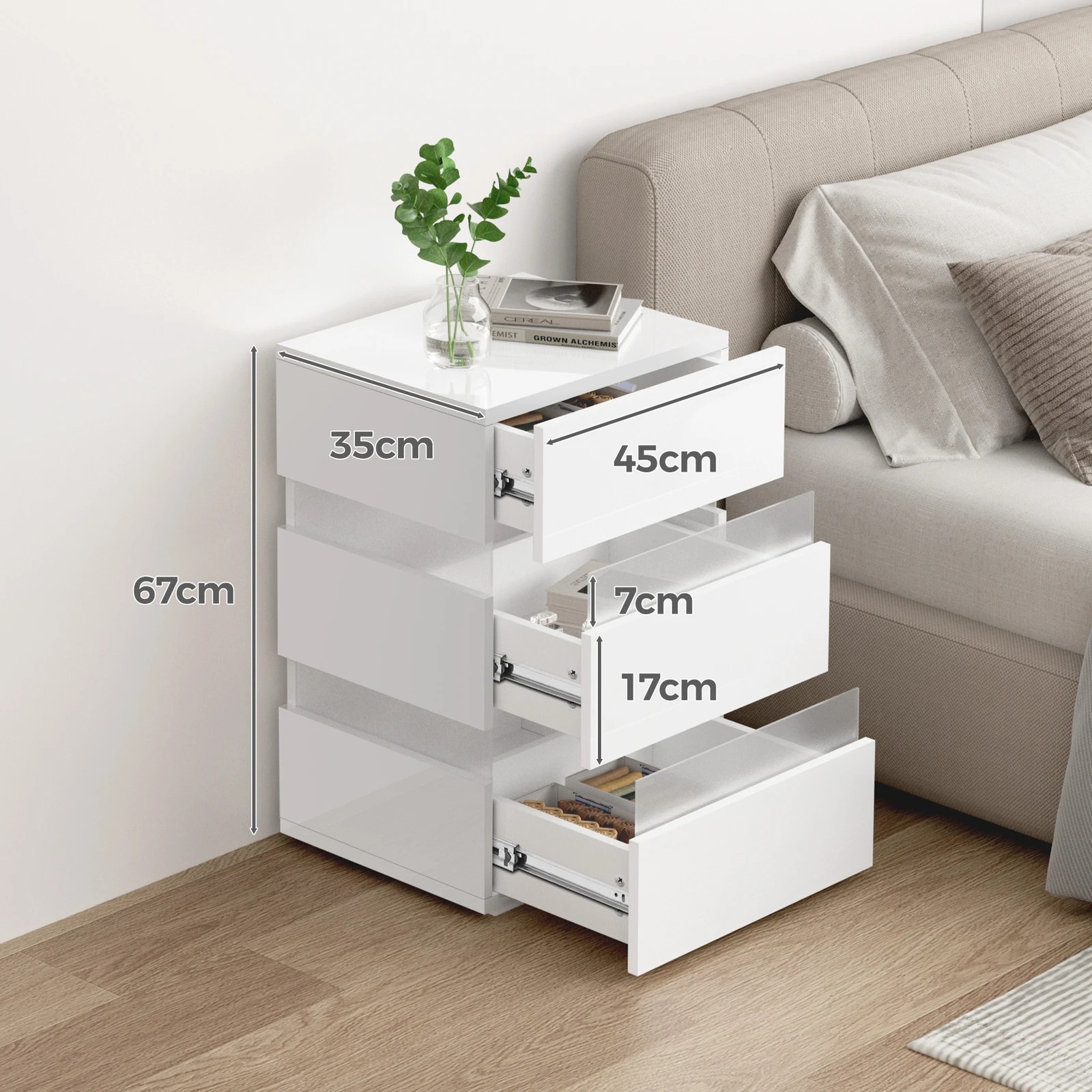 5 Alfordson 2x Bedside Table LED Nightstand 3-Drawer Gloss, 5 of 10