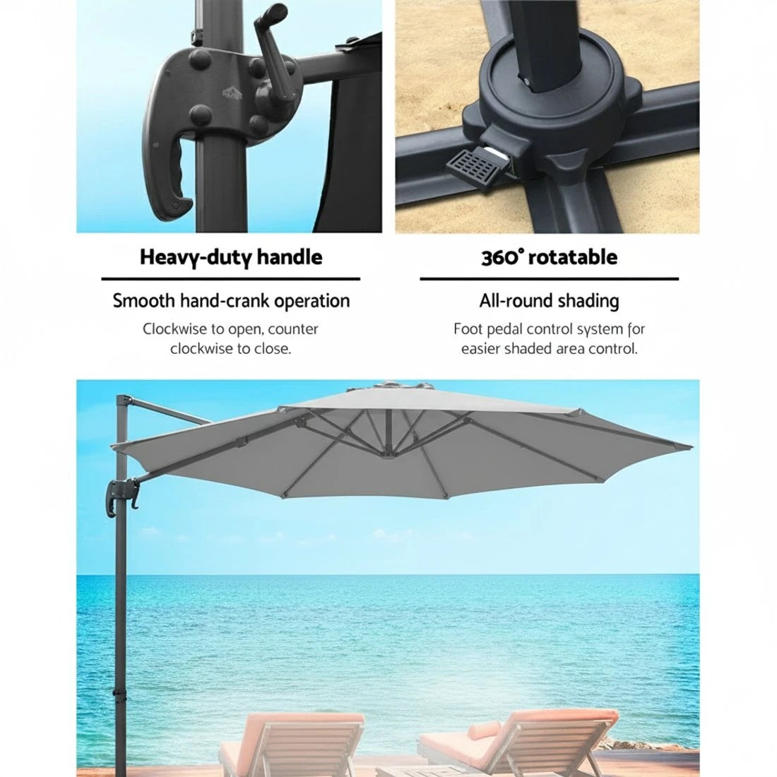 6 Instahut 3m Outdoor Umbrella Cantilever 360 Degree Tilt Beach Roma - Charcoal, 6 of 7