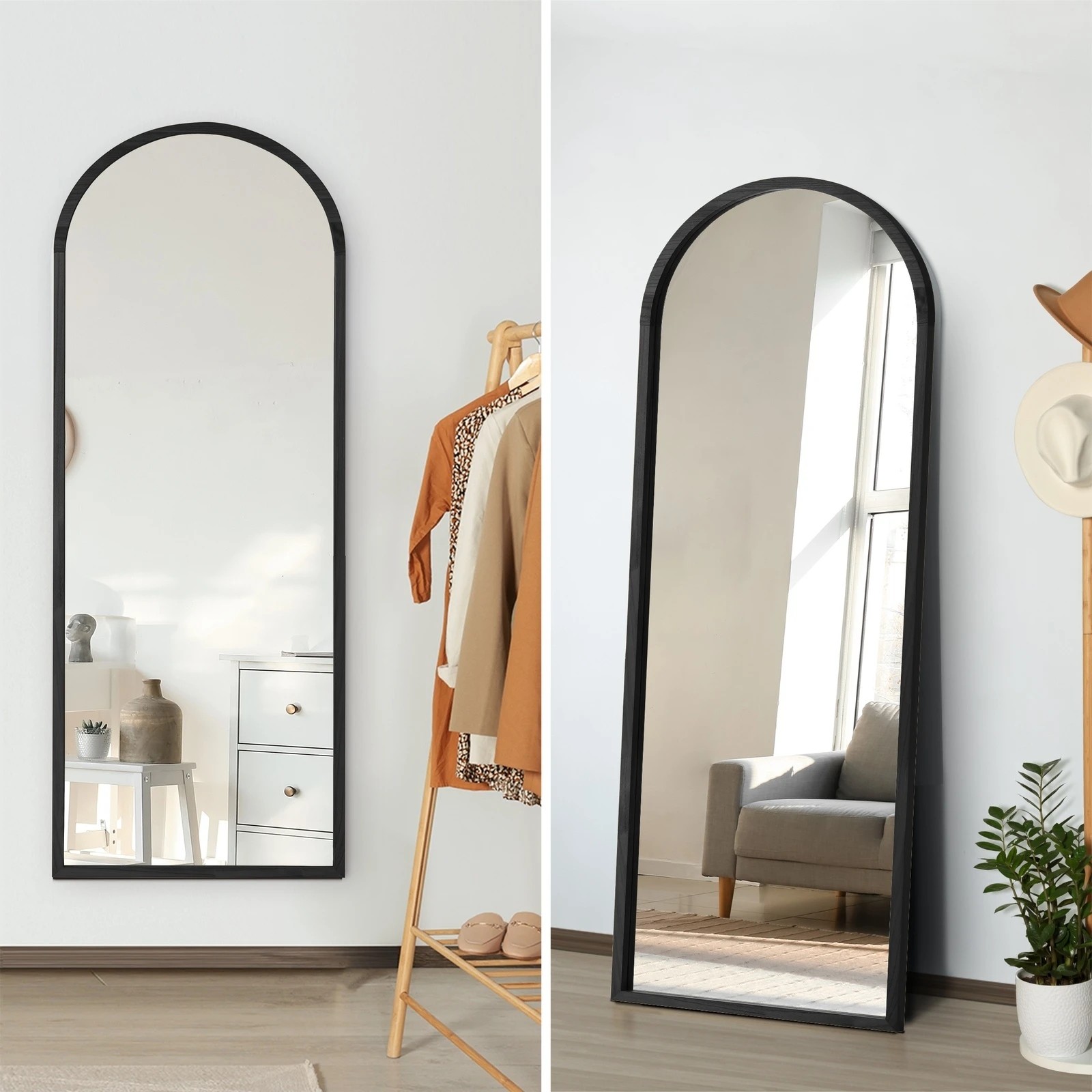 5 Oikiture Wooden Full Length Mirror 166x60cm Arched Dressing Floor Mirrors
 - Black, 5 of 9