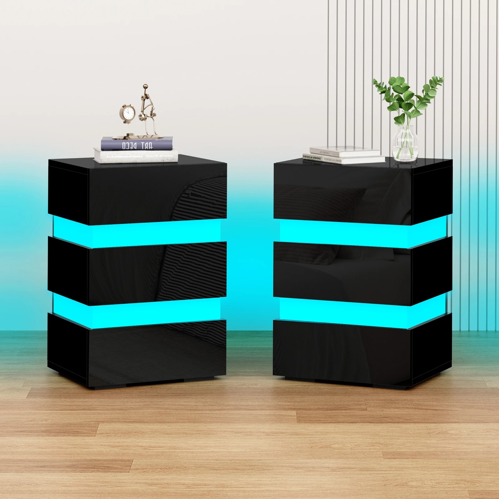 2 Alfordson 2x Bedside Table LED Nightstand 3 Drawers Gloss - Black, 2 of 10