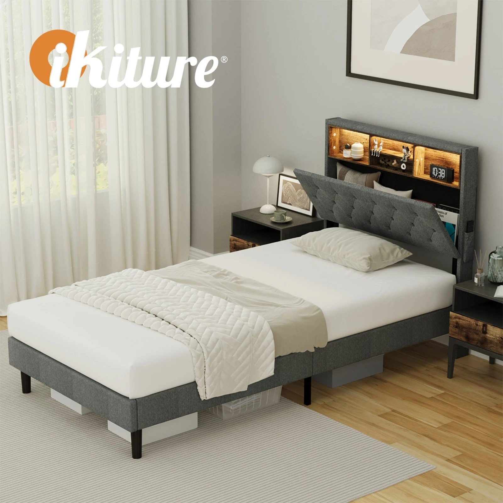 7 Oikiture King Single Bed With Led Storage Bedhead Bed Frame
 - Grey, 7 of 10