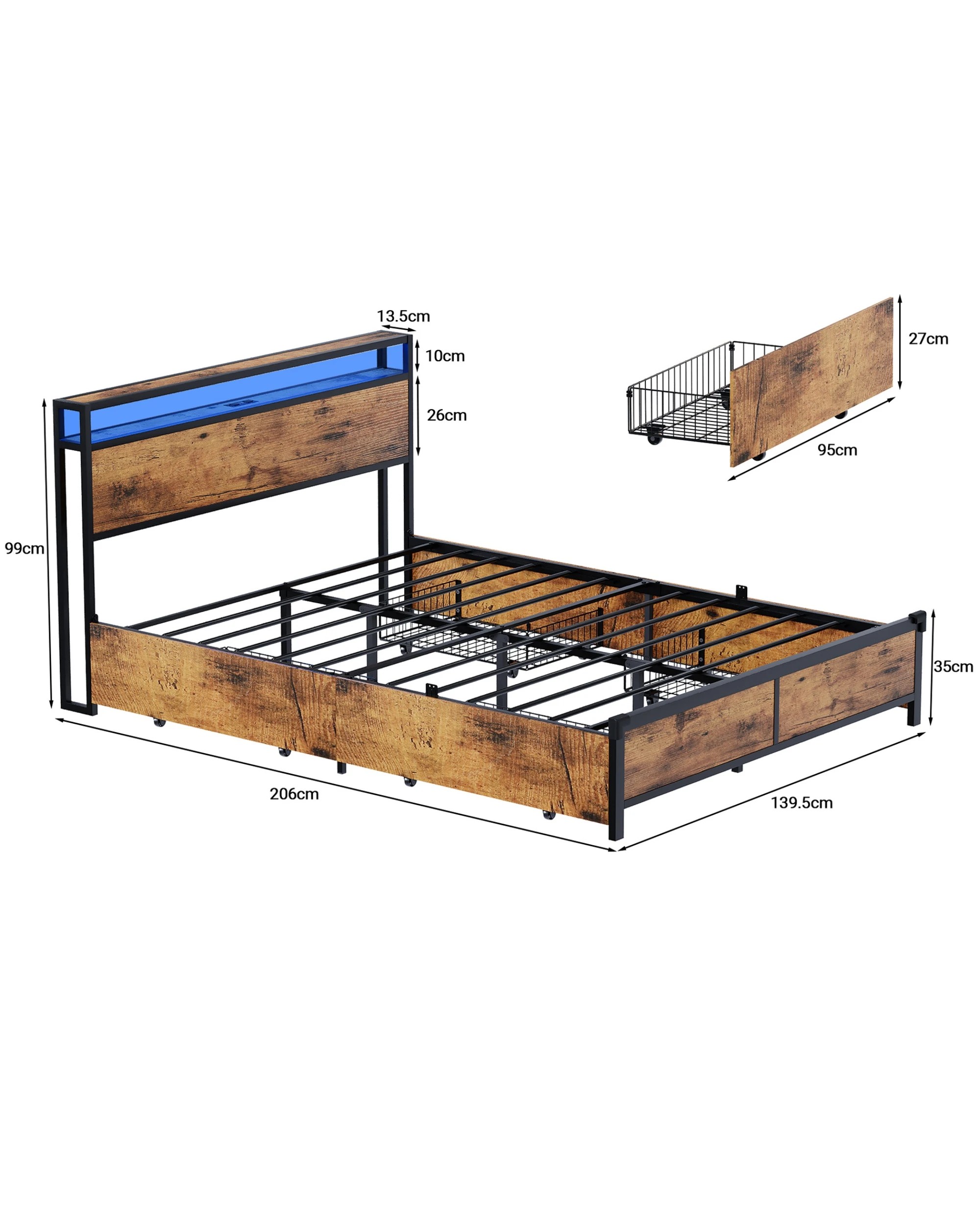 3 Advwin Double Bed Frame with 4 Storage Drawers & Charging Station & RGB LED Lights - Brown, 3 of 5