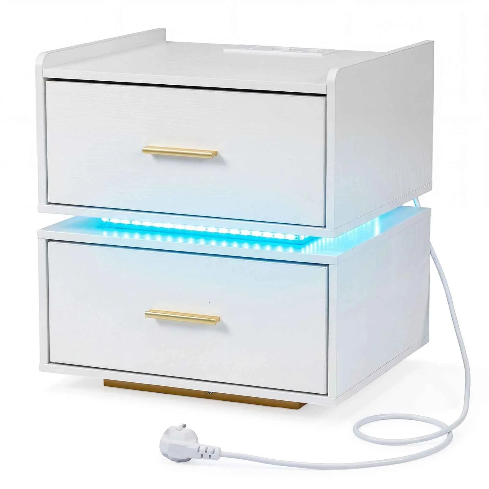 1 Costway LED Bedside Table w/Charging Station Modern Semi-floating Nightstand - White, 1 of 5