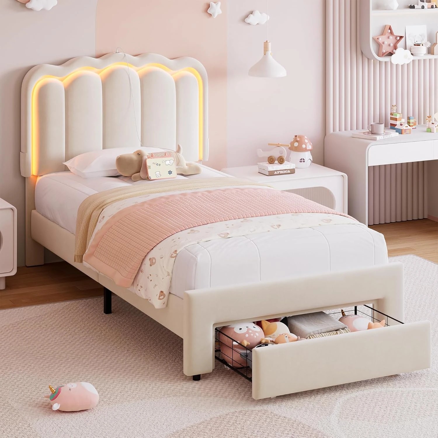 1 Advwin LED Bed Frame with Adjustable Headboard and Drawer USB Velvet King Single - Beige, 1 of 1