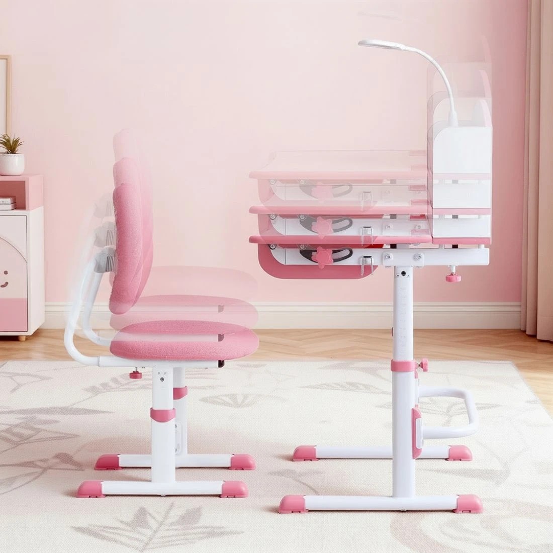 4 Keezi Kids Study Desk Chair Set Adjustable Ergonomic Table LED Lamp - Pink, 4 of 6