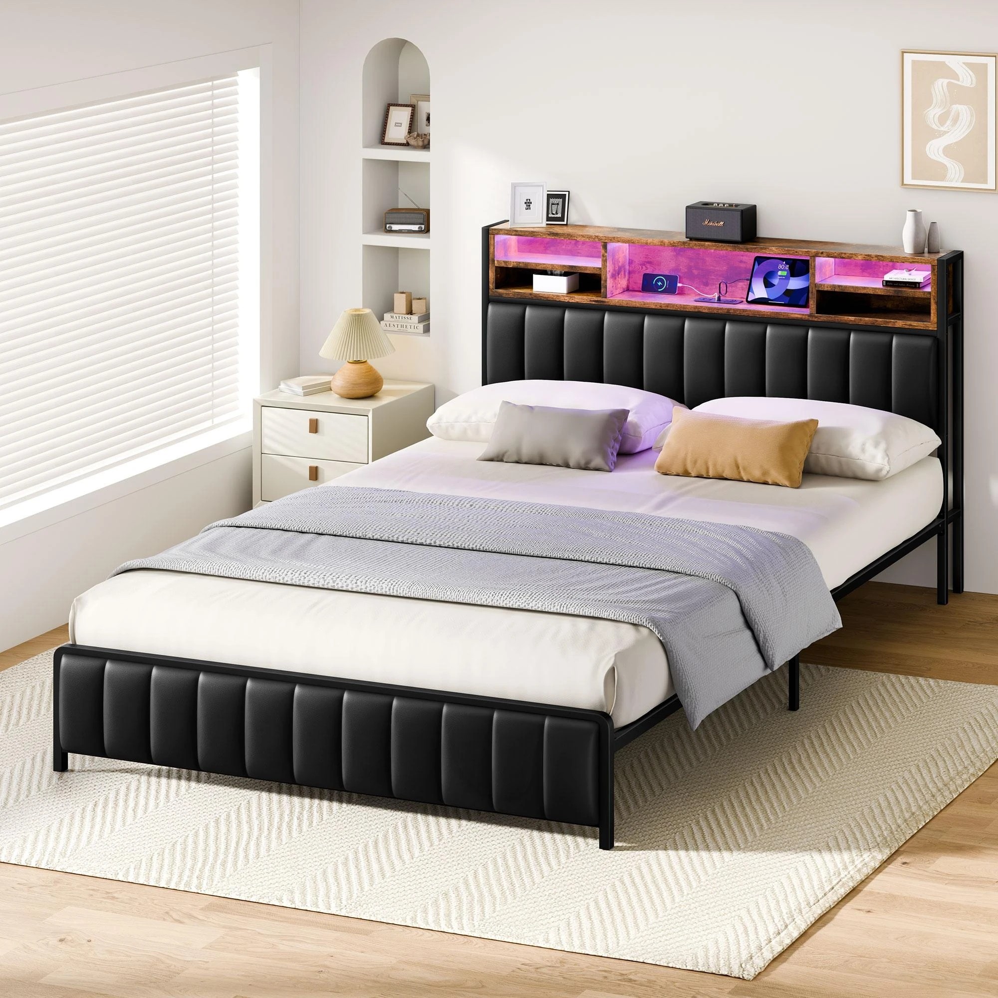 7 Alfordson Bed Frame Double LED Charging Station Leather - Black, 7 of 10