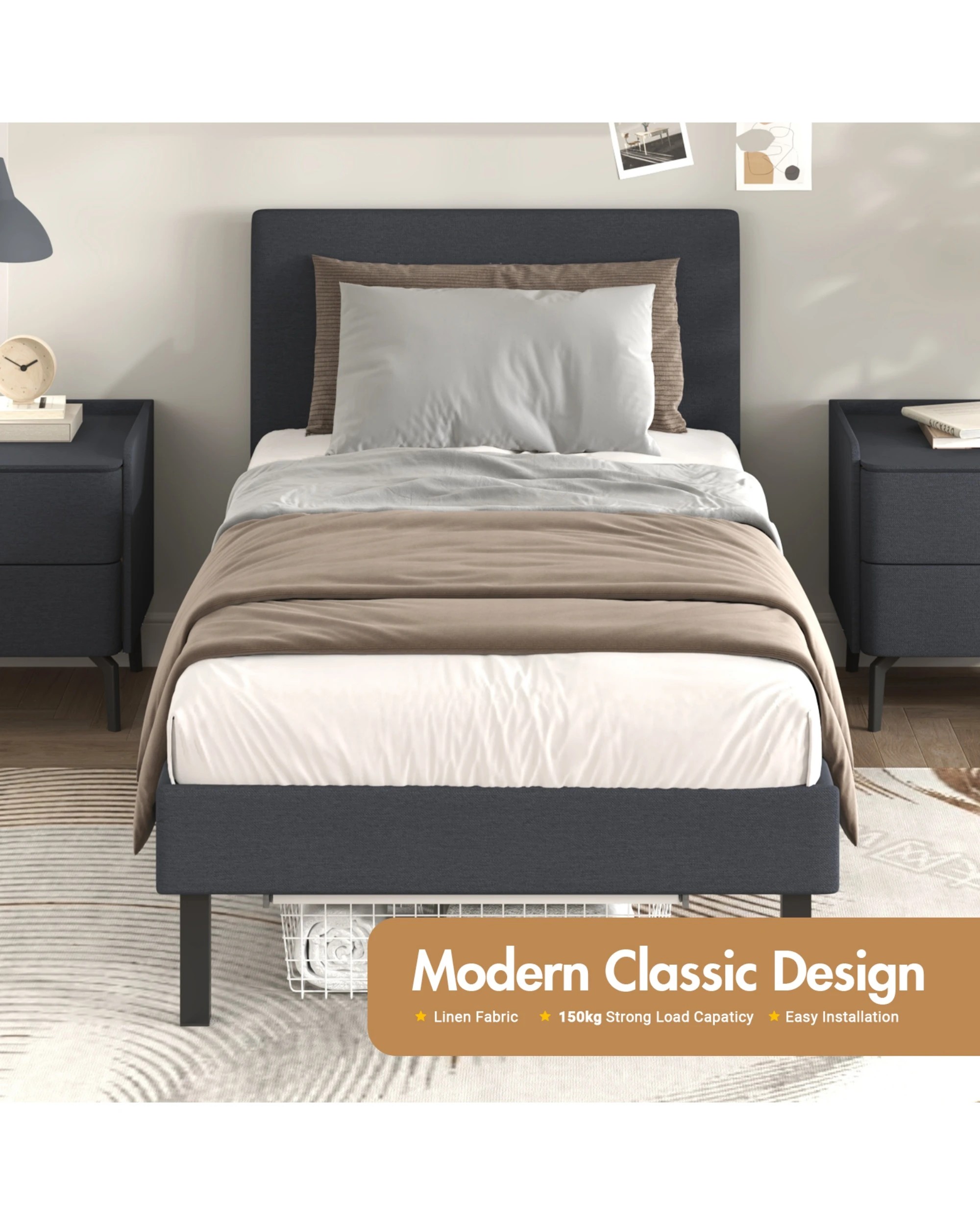 8 Advwin Single Bed Frame Platform Fabric With Upholstered Headboard Grey, 8 of 8