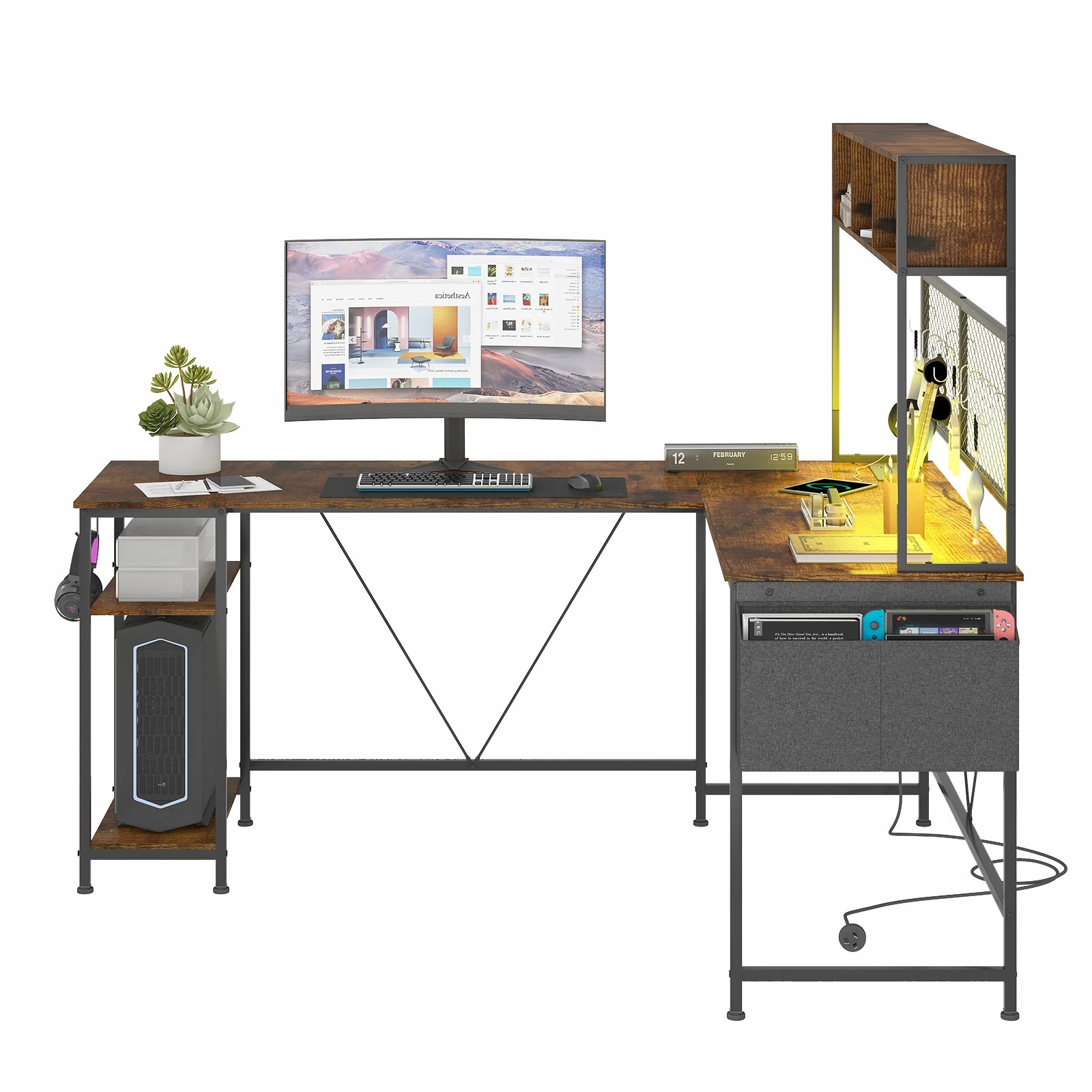 4 Advwin 170cm L Shaped Gaming Desk With Led Lights & Power Outlets Reversible Storage Shelf Computer Corner Desk Walnut, 4 of 10