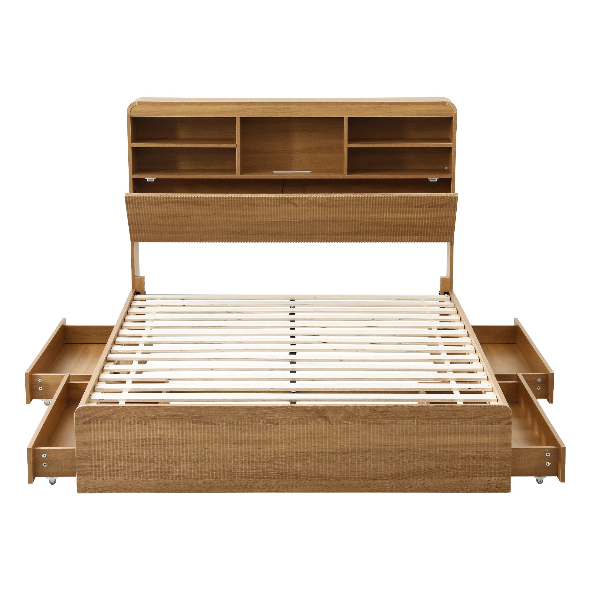 1 Artiss Bed Frame with Storage, 4 Drawers, USB and Night Light - Double Bed - Natural, 1 of 8