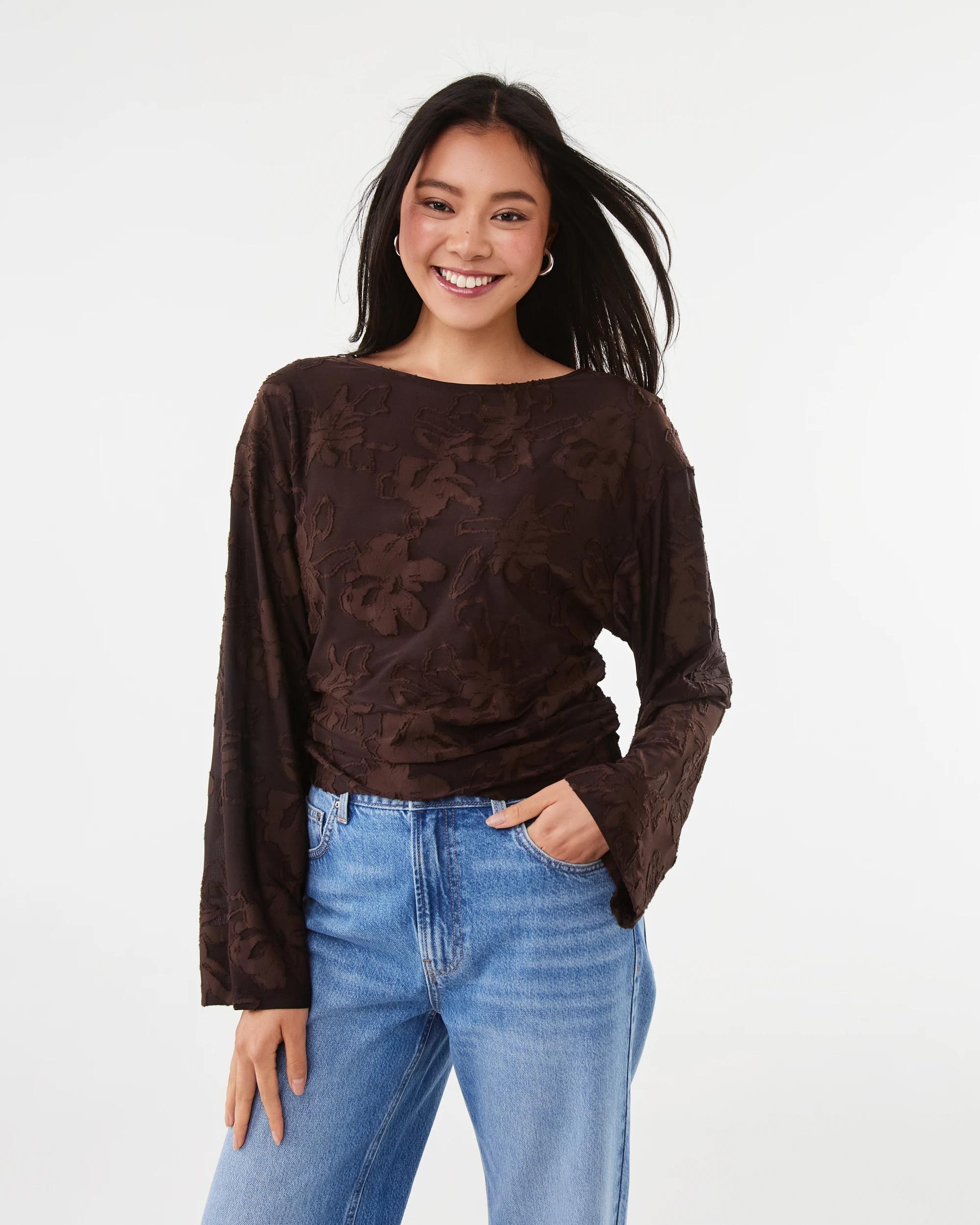 1 Long Sleeve Jacquard Top Melt Brown, 1 of 7