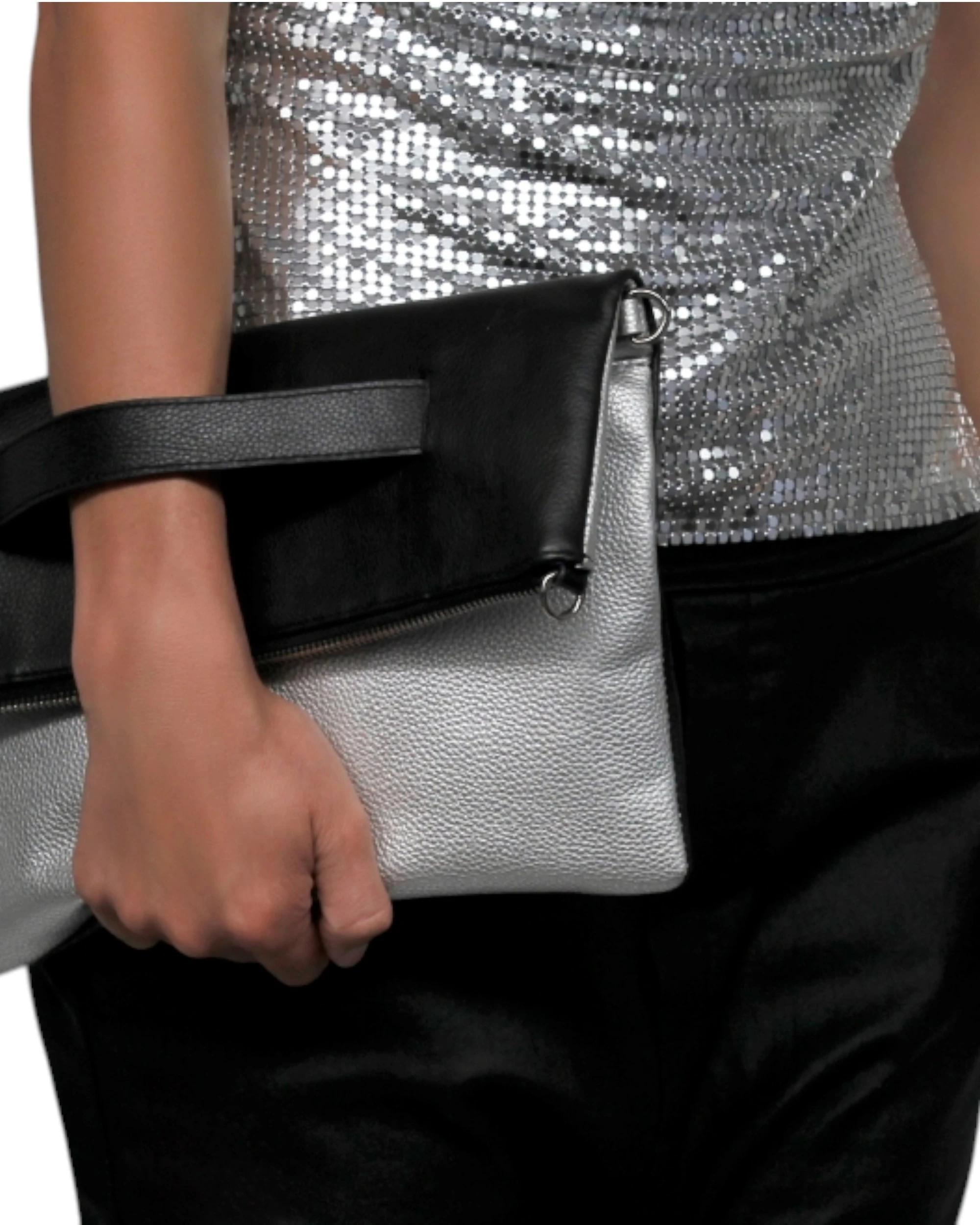 4 VKY Womens Original Lourve Clutch Classic Leather Bag Handbag BLACK/MATT SILVER, 4 of 6