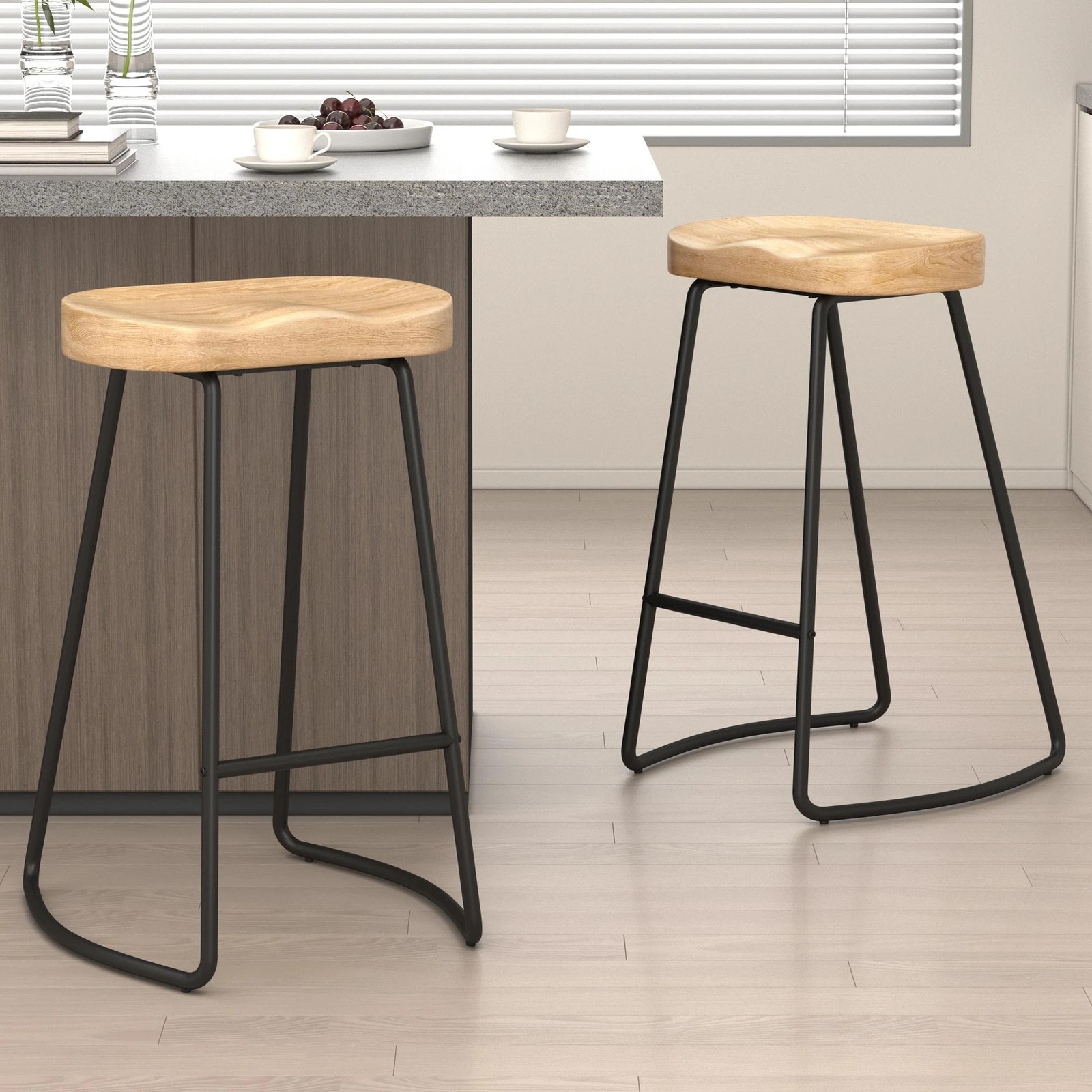 2 Alfordson 2x Bar Stools 75cm Tractor Kitchen Wooden Vintage Retro Chair - Natural, 2 of 10