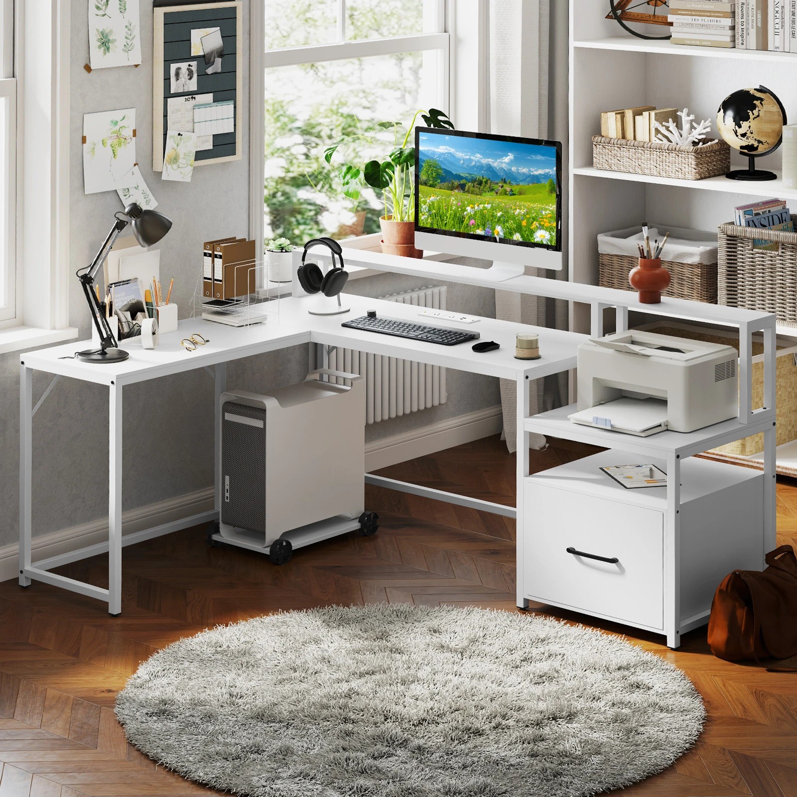 4 Costway 170cm L-shaped Computer Desk w/Power Outlet Office Study Table, 4 of 5