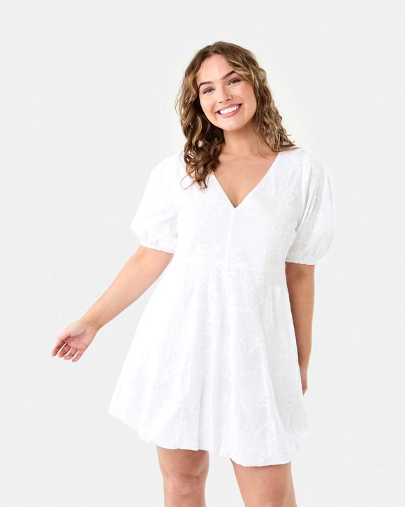 Short Sleeve Broderie Puff Sleeve Mini Dress