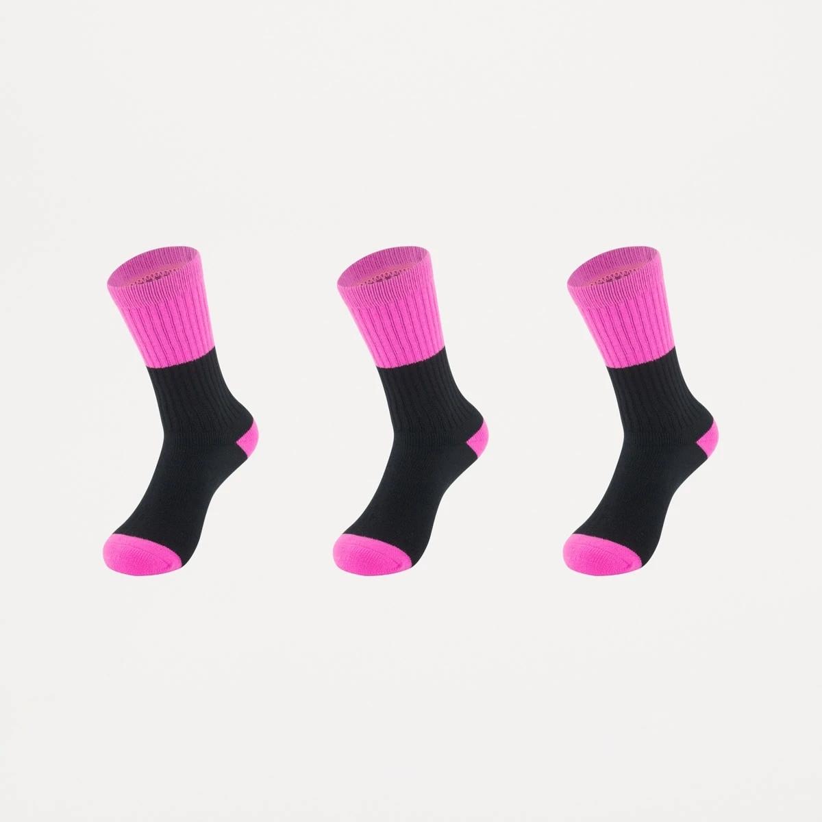 1 3 Pack Ribbed Full Terry Foot Work Socks BLACK PINK, 1 of 3